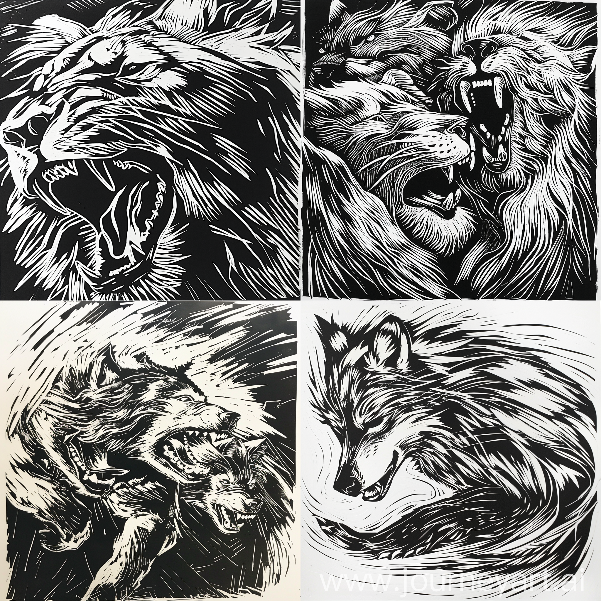 Create a woodcut print of animals usin9 expressive and fluid line work. Use texturesshapes, and lines to capture the essence of each animal's power and arace.Let the lines fow to convey the unique energy and spirit of each animal, striking a balance between strength and flexibility to bring their forms and poses to life. With each stroke, bring the animals to life,unleashing their vitality and beauty ontothe paper.