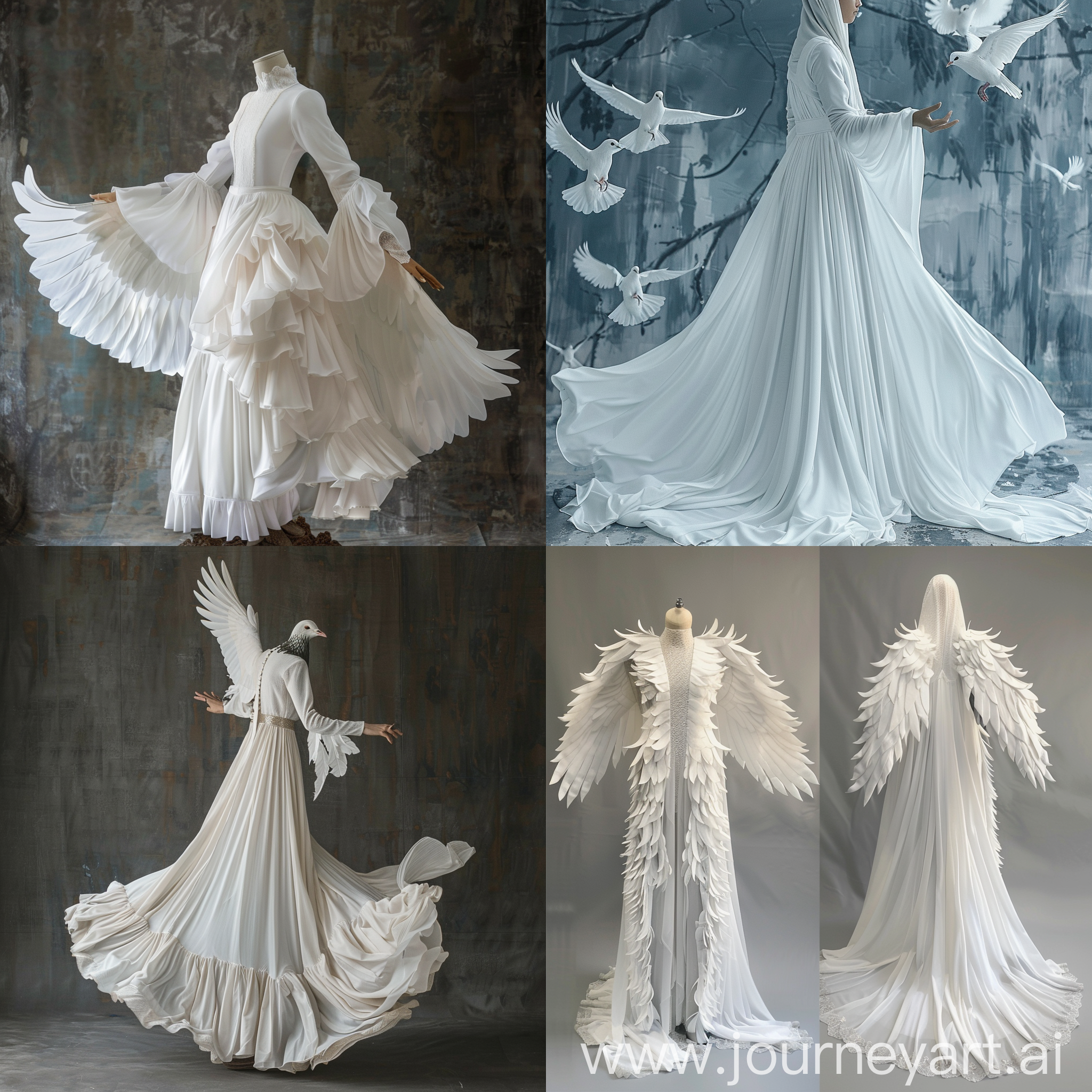 Design a long white women's costume inspired by the dove