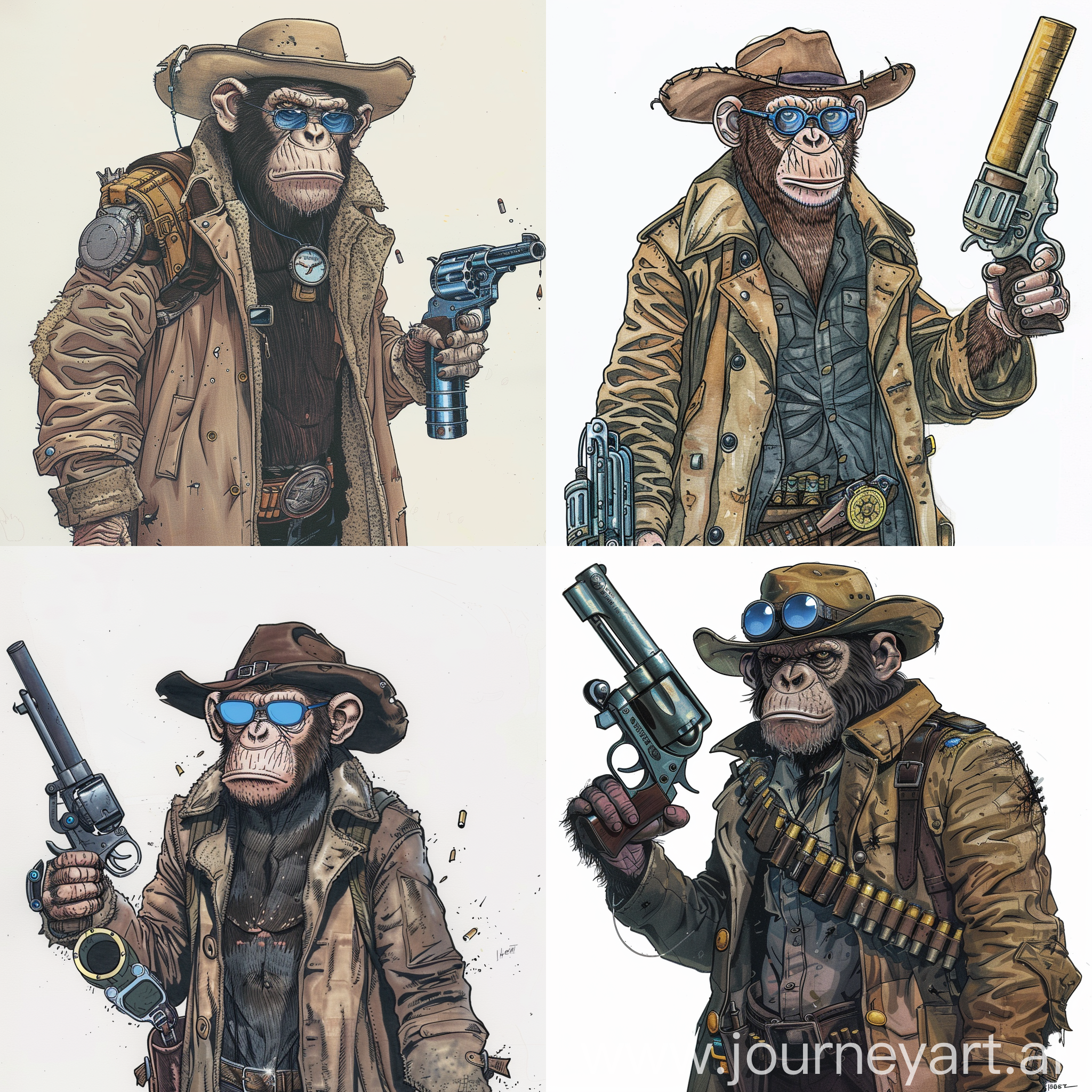 Draw an outlaw chimpanzee character wearing an old duster coat, post apocalypse, large barrel revolver, cowboy hat, male, has a robotic arm, full body drawing, Jamie Hewlett graphic novel style, white background, short in stature, has on blue spectacles, full color