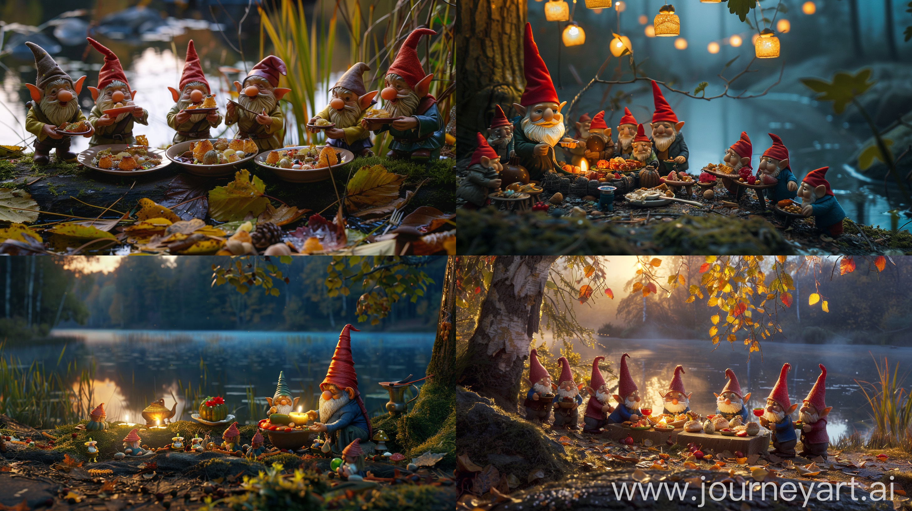 Feast of little gnomes, evening, near the lake --ar 16:9