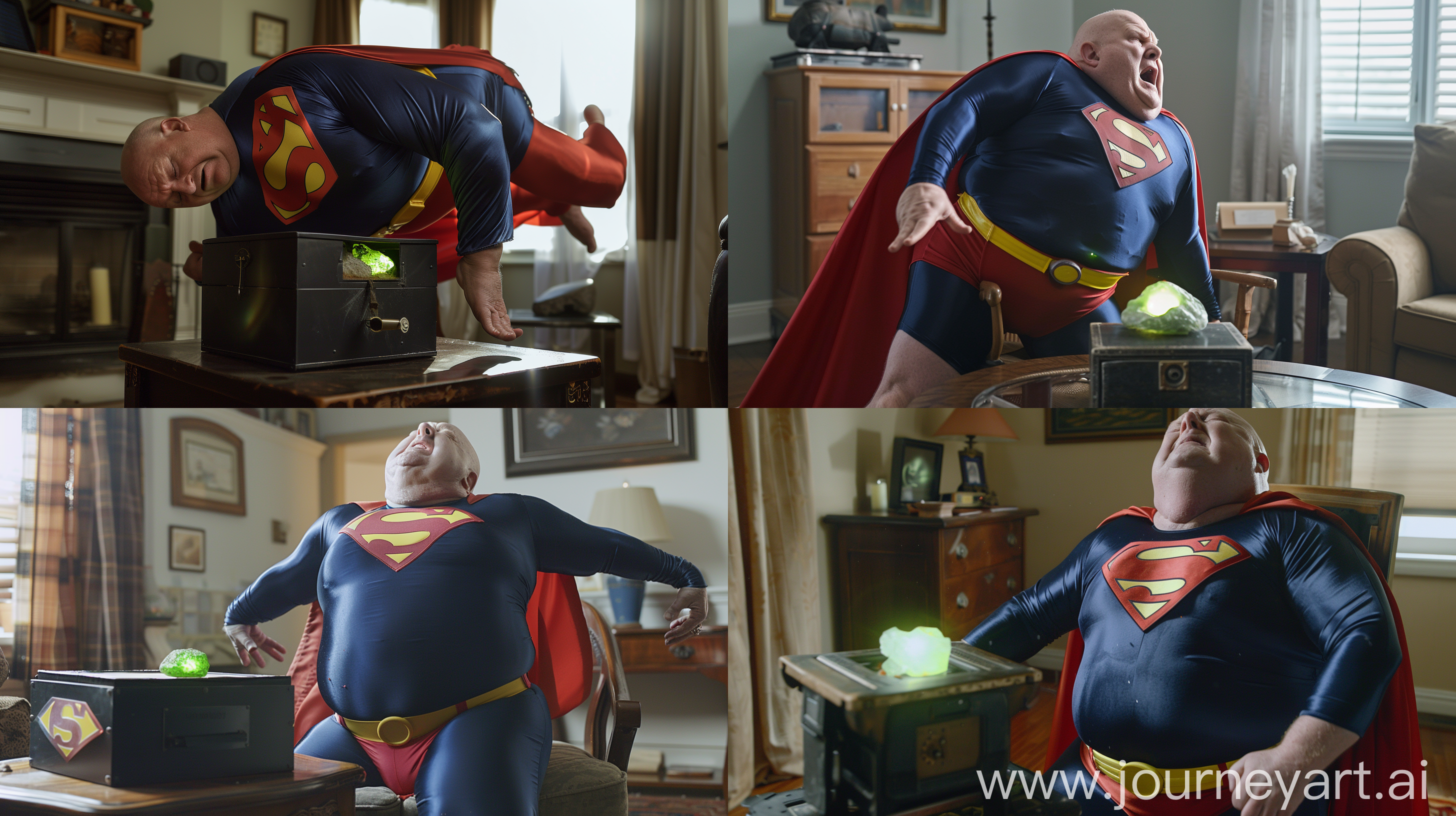 Front close-up photo of a very weak and tired fat man aged 60 wearing silk navy blue full superman tight jumpsuit with a large red cape red trunks, yellow belt. Falling backwards from a chair. In front of a small black metal box placed on a table containing a small bright green glowing rock. Inside a living room. Bald. Clean Shaven. Natural light. --ar 16:9