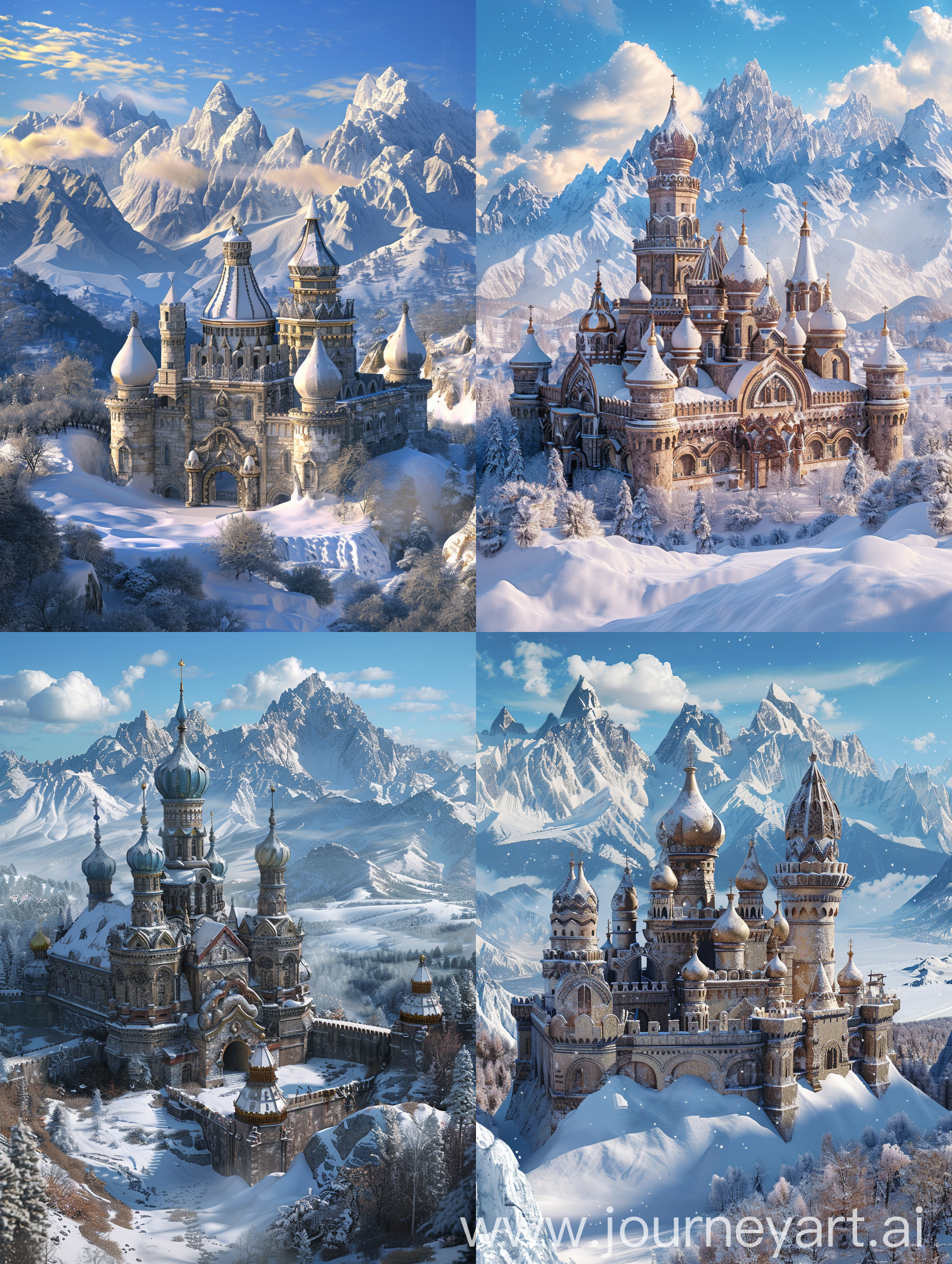 Generate a hyper-realistic image of a Kremlin-style castle nestled amidst a pristine winter landscape, with snow-capped mountains stretching into the distance. Ensure that the castle’s architecture is meticulously detailed, capturing the intricate carvings, ornate domes, and weathered stone walls characteristic of Kremlin design. Pay special attention to the integration of the castle into its surroundings, with seamless blending between the man-made structure and the natural environment. Implement realistic snow textures, accounting for variations in depth and density across the landscape, and adding subtle imperfections like drifts and snow-covered vegetation. Utilize advanced lighting techniques to replicate the soft, diffuse glow of winter sunlight, casting realistic shadows and highlights that accentuate the contours of the terrain. Enhance the atmosphere with subtle touches such as distant clouds clinging to the mountain peaks, the soft sparkle of sunlight on freshly fallen snow, and the faint mist rising from hidden valleys below. By faithfully recreating the beauty and intricacy of both the castle and its surrounding landscape, aim to transport viewers to a world of breathtaking realism and immersive detail.
