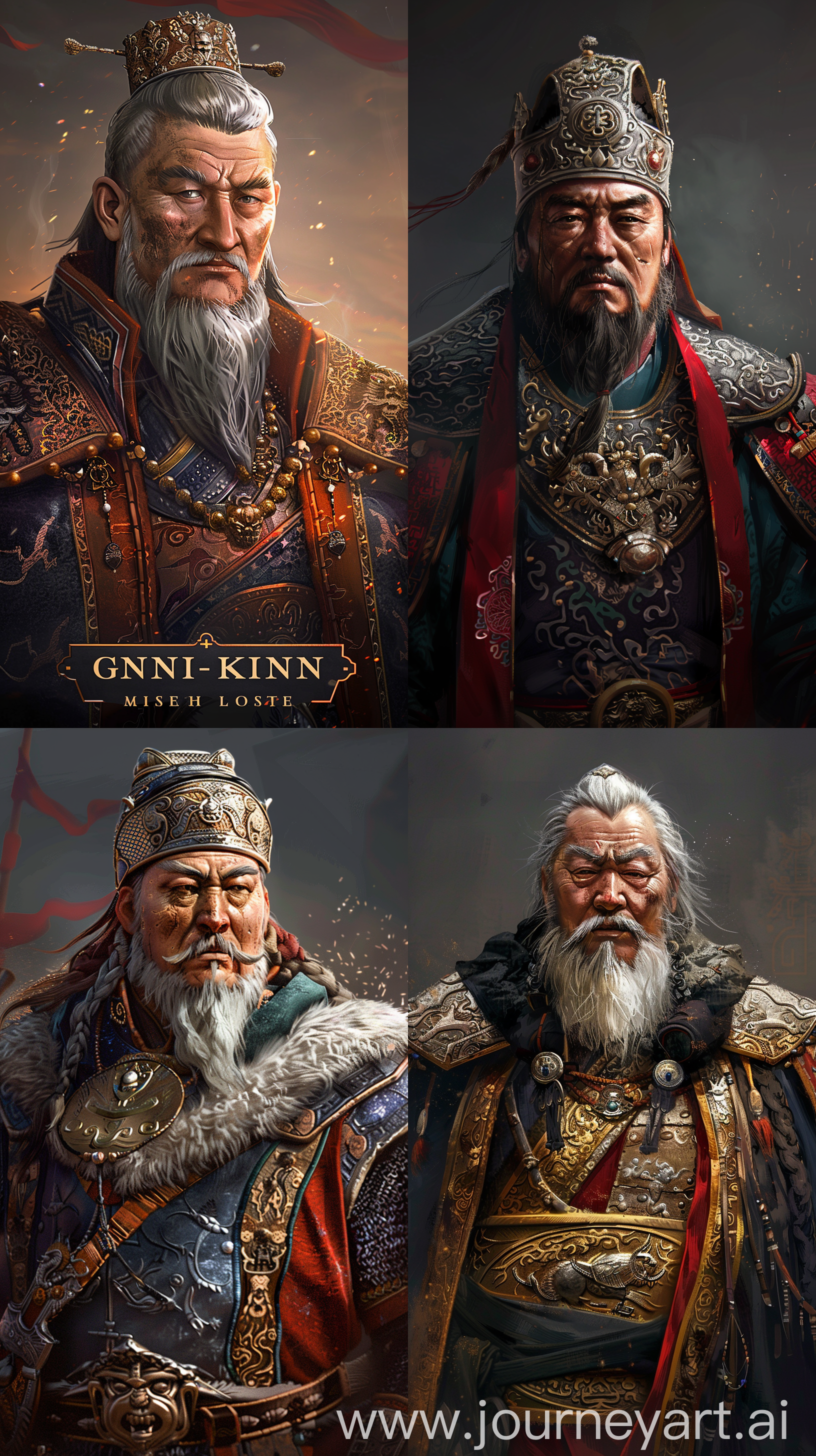 Generate a vivid and detailed description of Genghis Khan as he appears in a historical strategy game, focusing on his appearance, attire, and demeanor. Include elements such as his commanding presence, the weathered features of his face, and the regal attire that signifies his leadership --ar 9:16