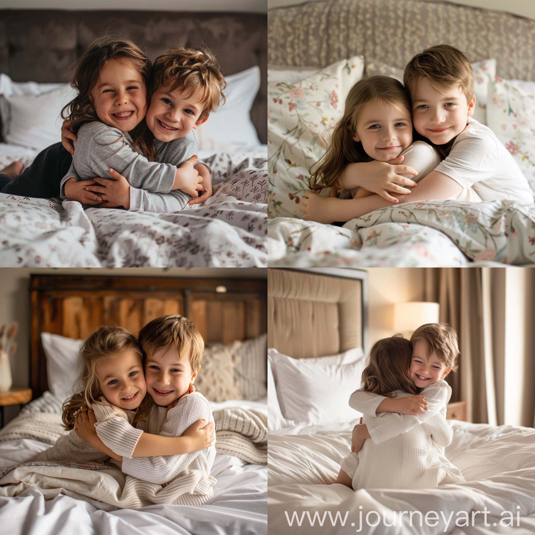 Girl and boy hug on bed