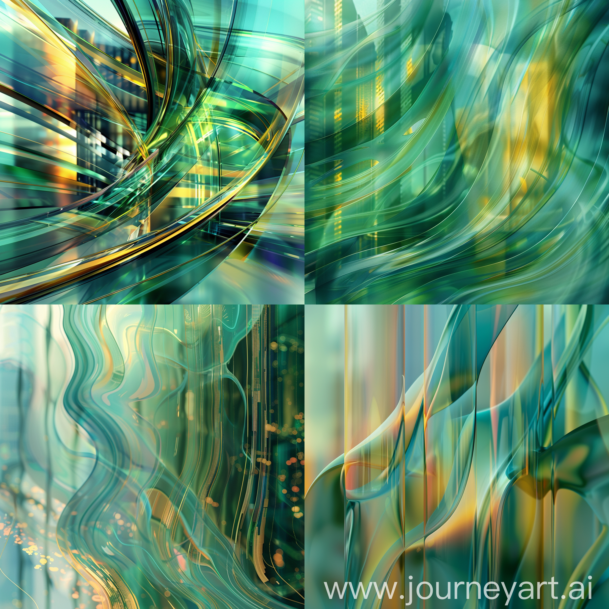绿蓝金抽象背景，流动形态，渲染，渐变，彩色玻璃，虚化的城市建筑简图，绿色色调
