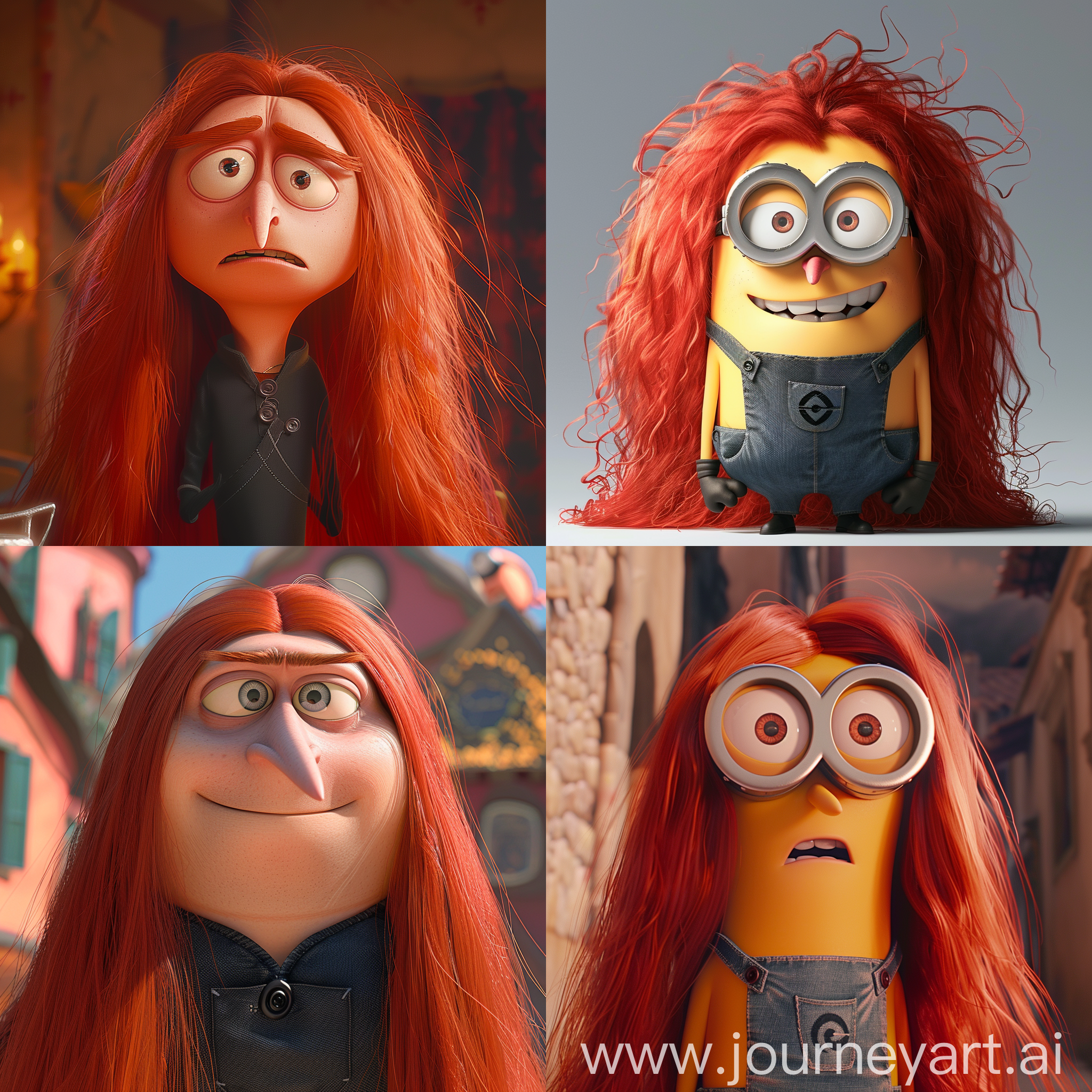Gru from despicable me with long red hair, animation style