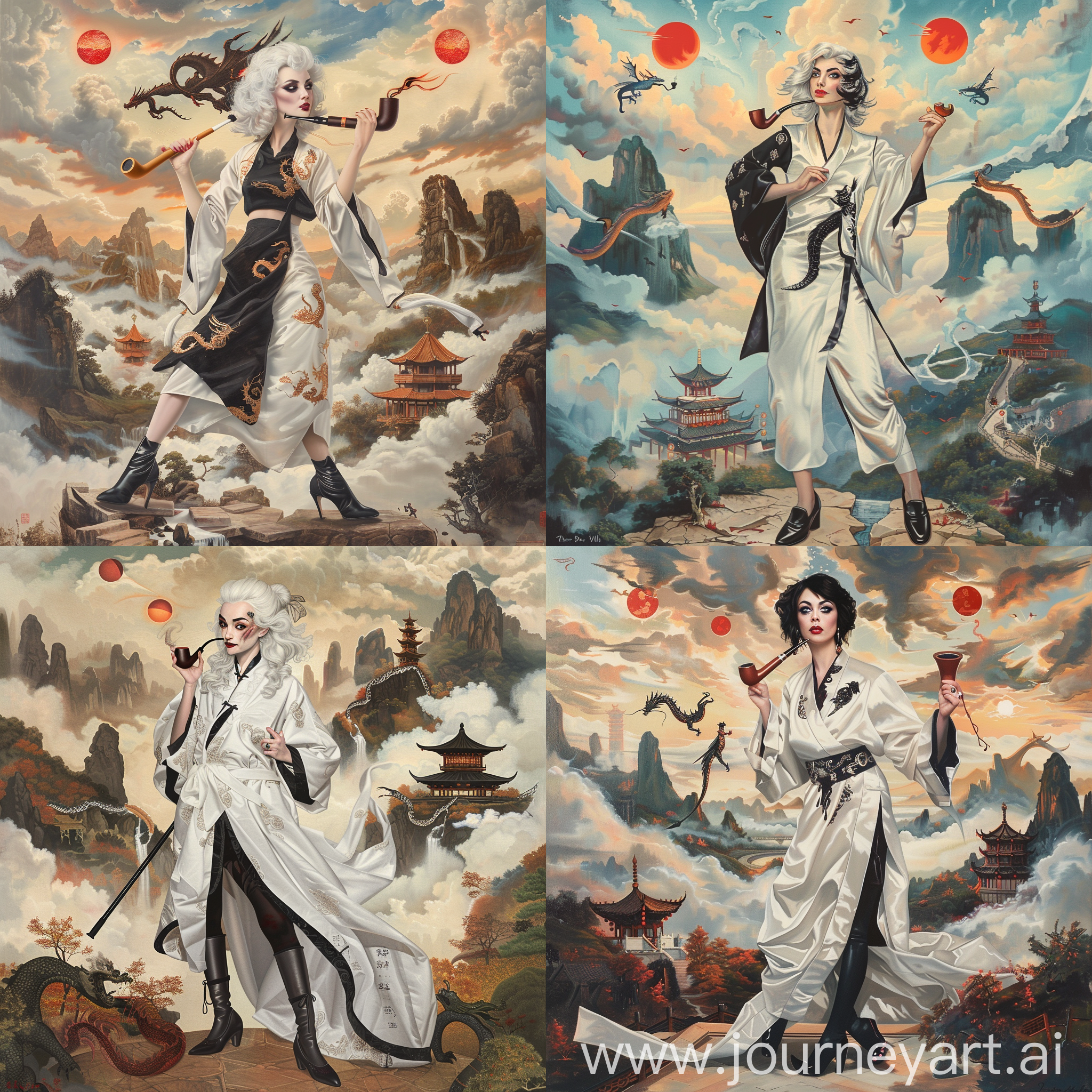 Historic painting style:

a Disney elegant American Curella De Vil, she looks like Emma Stone, she is 40 years old, she wears white and black Chinese witch robe, black shoes, she holds a Chinese style long smoking pipe in right hand,

Chinese Guilin mountains and temple as background,  evil iced dragons and three small red blood suns in cloudy sky.
