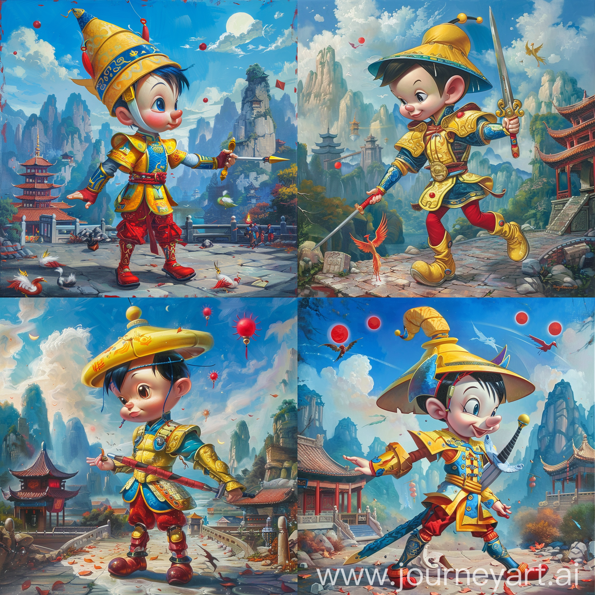 Historic painting style:

a Disney handsome Pinocchio, from Pinocchio cartoon, he has yellow Tang Dynasty hat, he wears yellow and blue color Chinese style medieval armor, red pants and boots, he holds a Chinese sword in right hand, 

Chinese Guilin mountains and temple as background, small phoenix and three small red suns in blue sky.