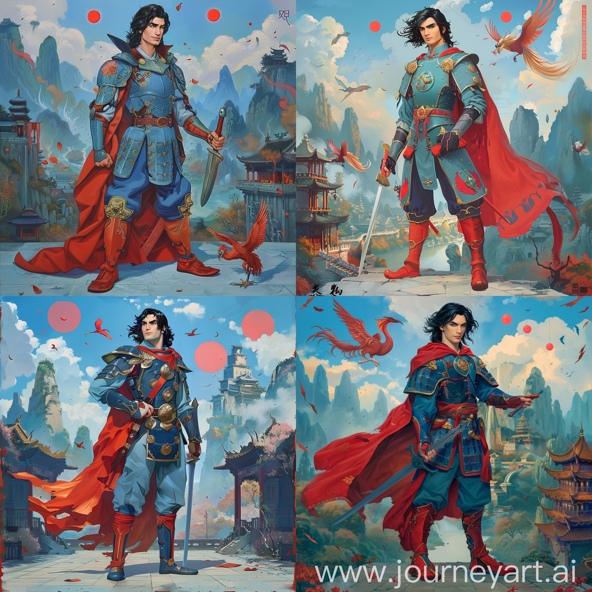 Historic painting style:

a Disney handsome Prince Florian, from Snow White cartoon, he has black  mid-long hair, he wears marine blue and red color Chinese style medieval armor and boots, with red cloak, he holds a Chinese sword in right hand, 

Chinese Guilin mountains and temple as background, small phoenix and three small red suns in blue sky.