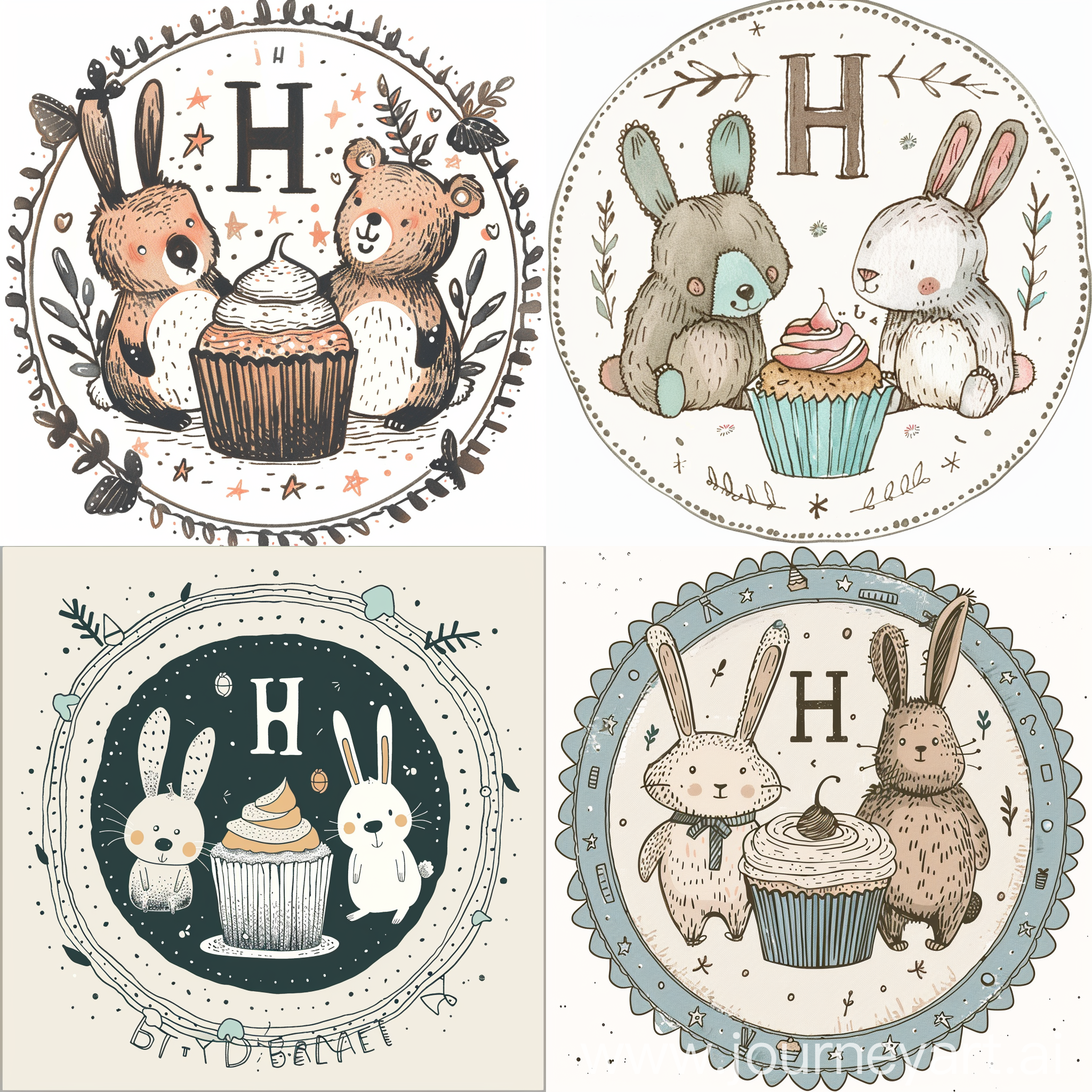 Incorporate a hand-drawn aesthetic featuring a cupcake, two playful and friendly characters resembling a bear and a rabbit, surrounded by a circular border with the text H