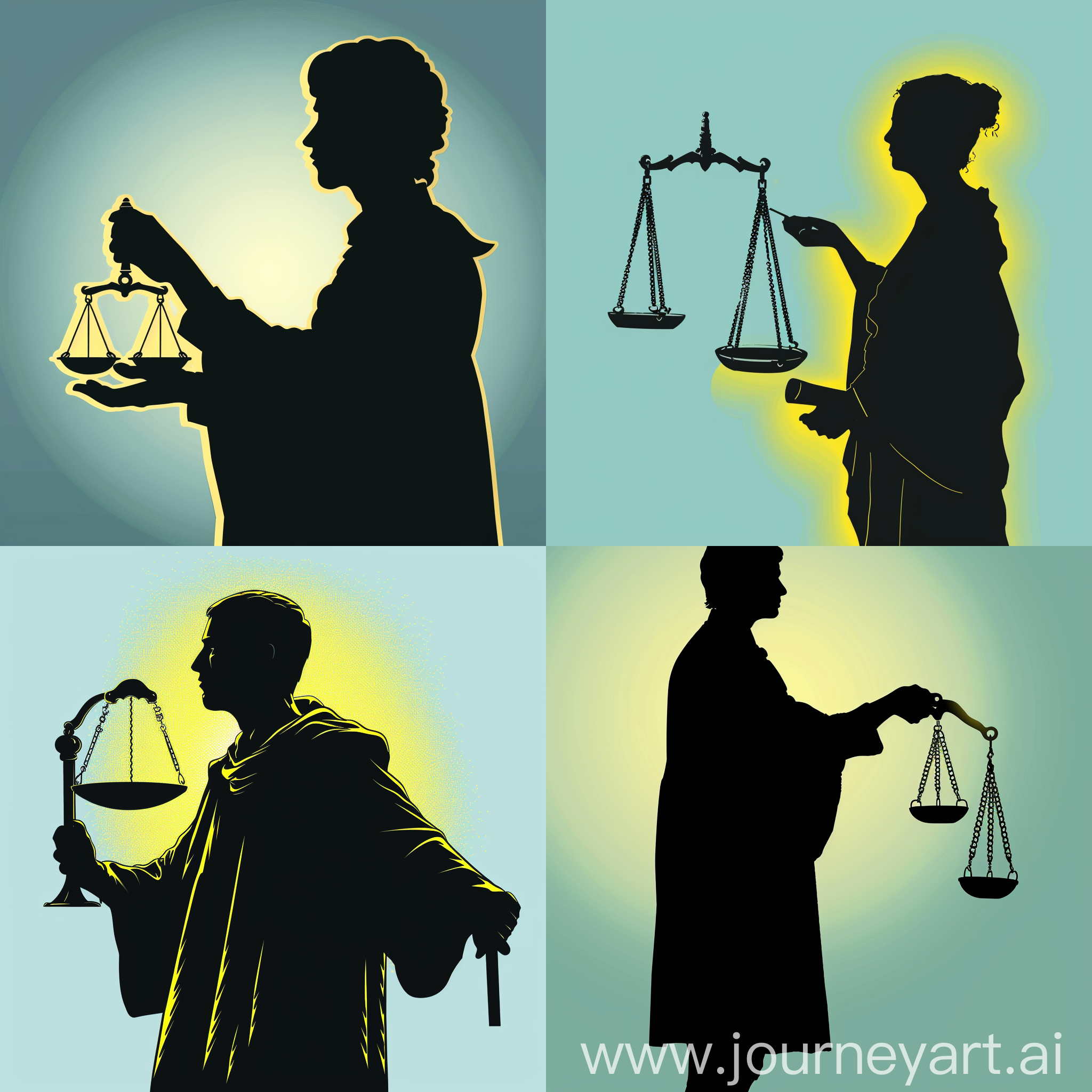 Judge, silhouetted, holding ((Dike's 'Scales')) in hand. The background color is glowing bright yellow. Light blue background