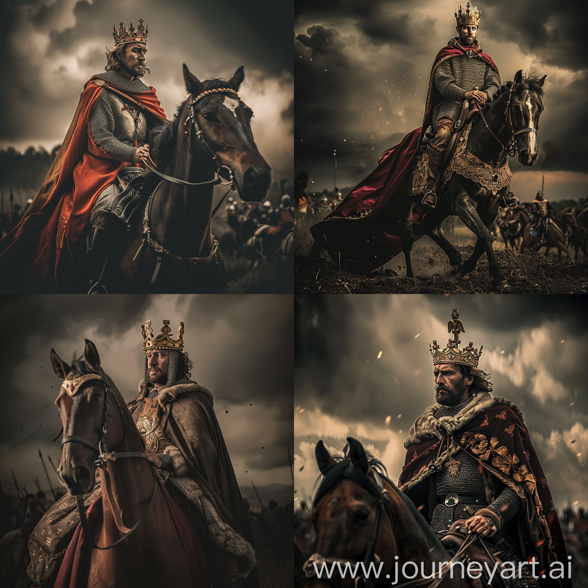King Richard the Lionheart, on horse, wearing king attire, crown and cape, brave, depth of field, medieval battle field, dramatic lighting