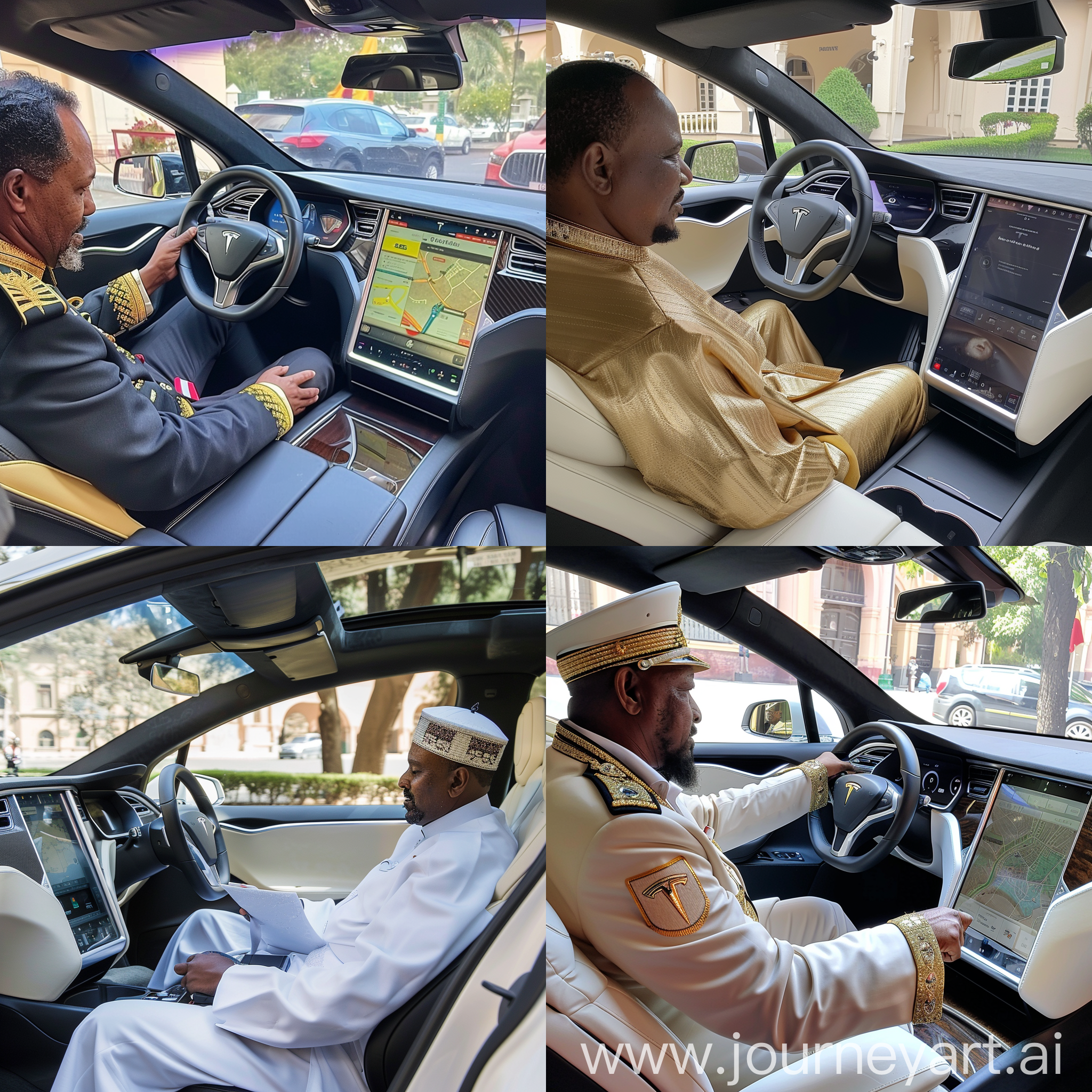 King Tewodros second of Ethiopia driving Tesla model x, show inside the car