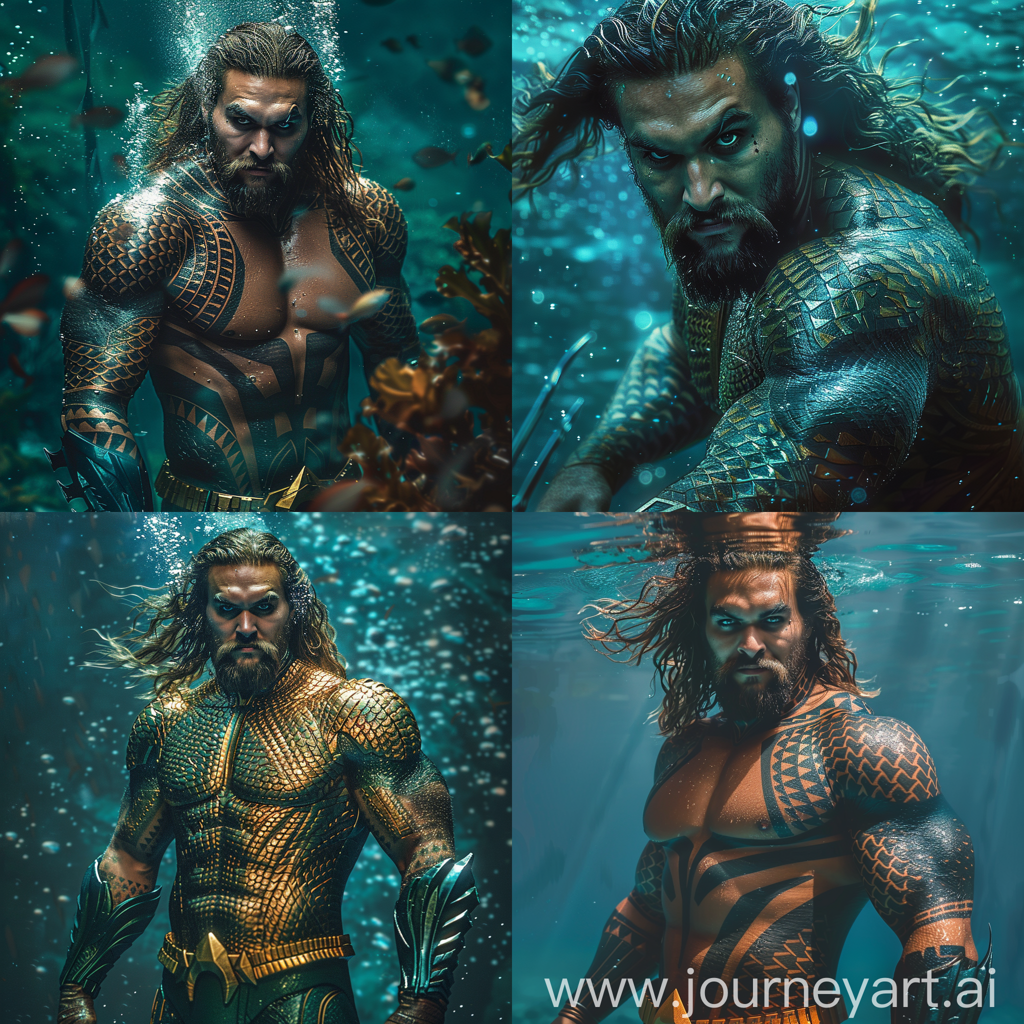 King aquaman, underwater, far zoom, full body, front view, aesthetic, beautiful, realism, detail, clarity, realistic, 32k, high resolution, high quality, hyperrealism, hyper detail, epic, incredible, professional photo, beautiful, super detail, clarity