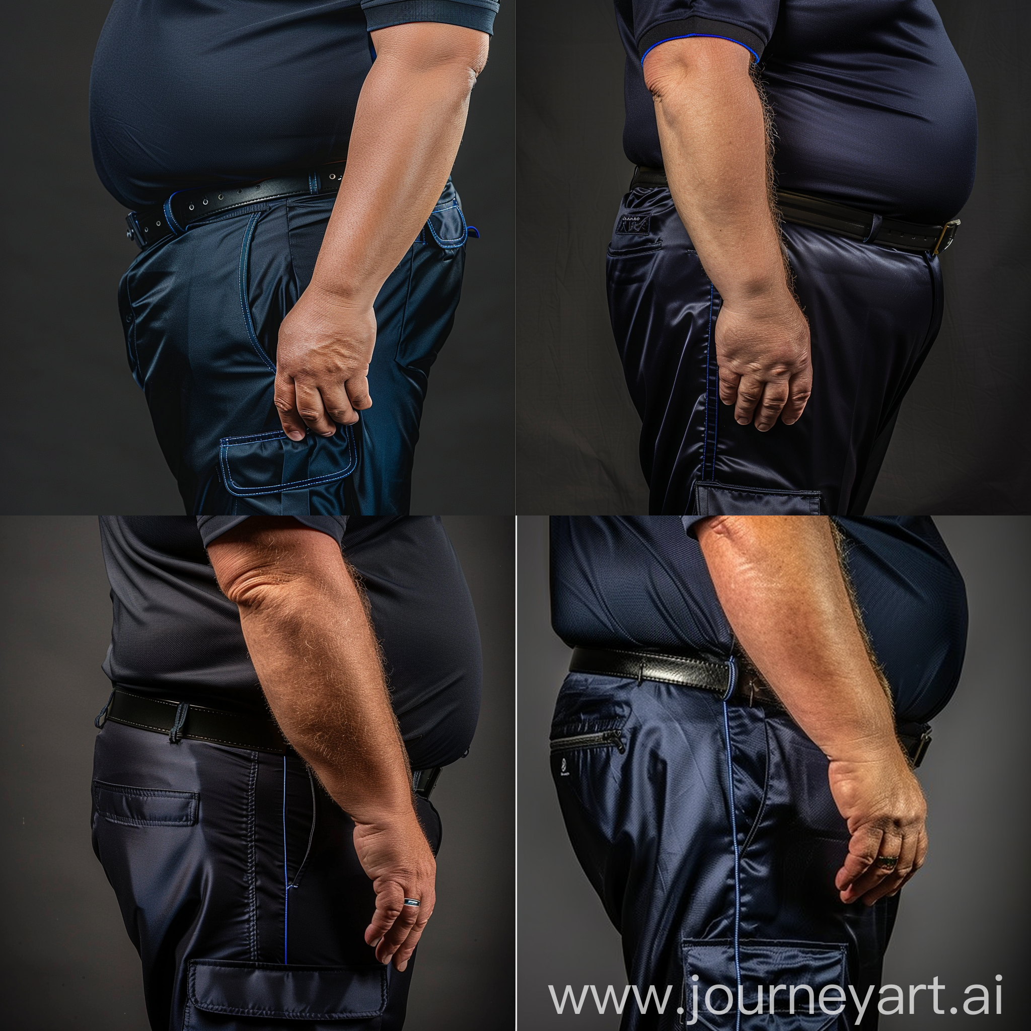Lateral view close-up photo of a fat man aged 60 wearing silk navy cargo pants with a very thin blue line on the leg and a tucked in silk navy sport polo shirt. Black tactical belt.