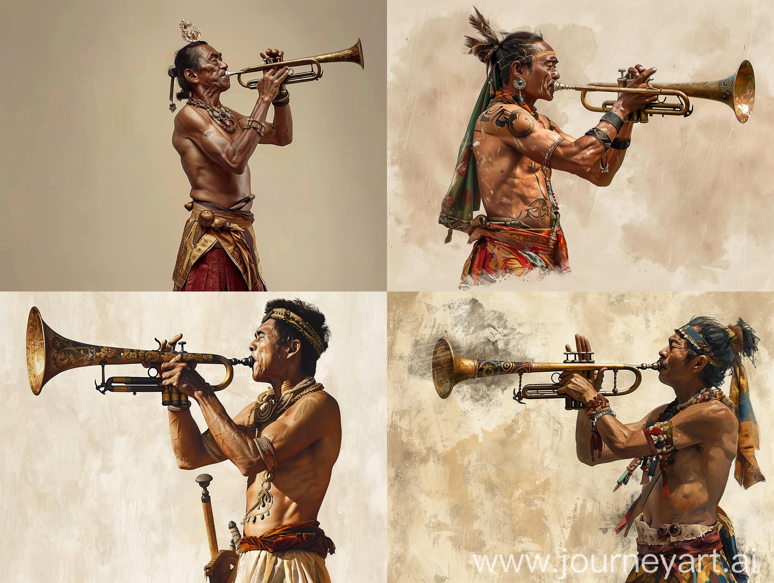 Majapahit 1200, color, a soldier, wearing Majapahit kingdom style clothes, without shirt, there is decoration on the chest, blowing an ancient trumpet, side view, realistic