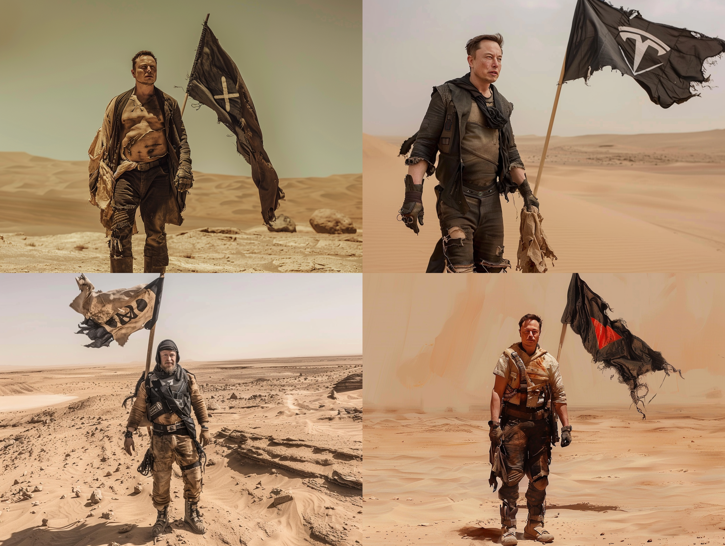 马斯克站在火星的荒漠上，衣服破烂，同时举着一面无政府主义的旗帜