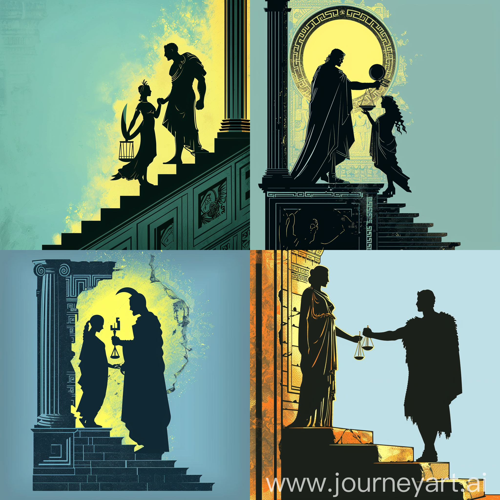 Silhouetted Judge Dike standing on a staircase, holding in his hand the Lady Dike of Greek mythology, Justice.  The background is in the style of a Greek wall and the color is a bright yellow glow. Light blue background