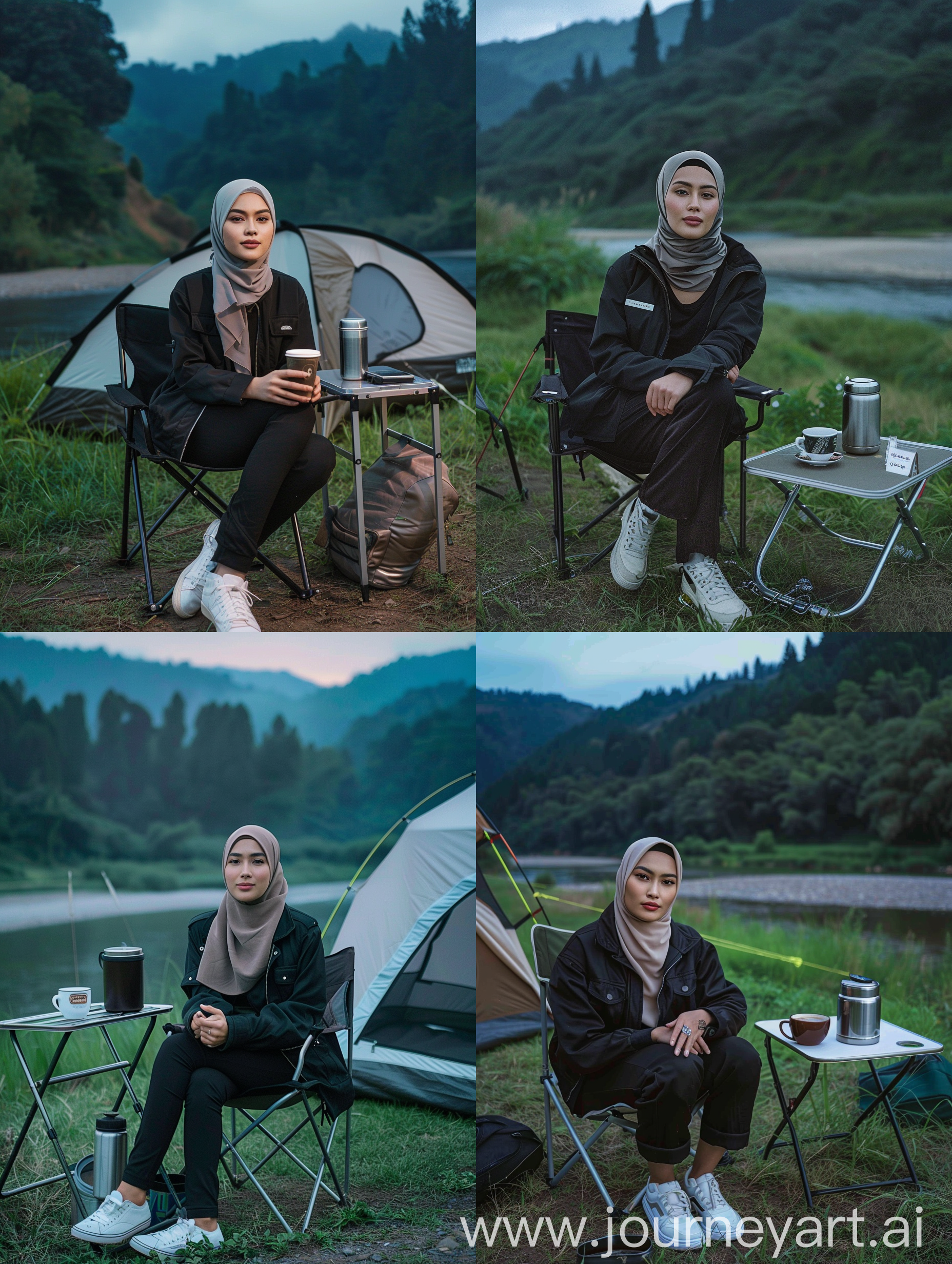 Wanita cantik Indonesia berhijab ini memiliki paras bersih, mengenakan jaket trucker hitam, celana hitam, dan sepatu putih. Duduklah di kursi lipat portabel di depan tenda. Di sebelahnya ada secangkir kopi panas dan termos berisi air panas yang diletakkan di atas meja lipat portabel. Letaknya di tepian American River dan rerumputan di sekitarnya sangat hijau dan segar, dengan latar belakang pegunungan berhutan yang tinggi di langit. Malam hari, minim cahaya. Ultra HD, foto asli, detail tinggi, sangat tajam, lensa 18mm, realistis, fotografi, kamera Leica