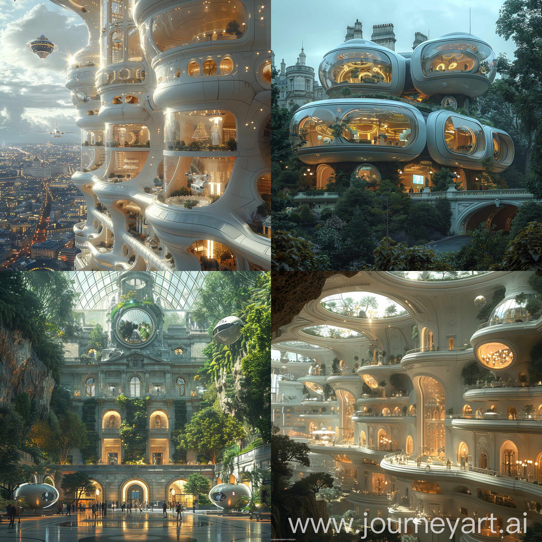 Ultramodern Buckingham Palace, Sustainable Facade, Vertical Gardens, Automated Systems, Holographic Reception Room, 3D-Printed State Rooms, Hidden Landing Pad, Subterranean Entertainment Complex, Interactive Museum, Automated Transportation, Sustainable Energy Sources, octane render --stylize 1000
