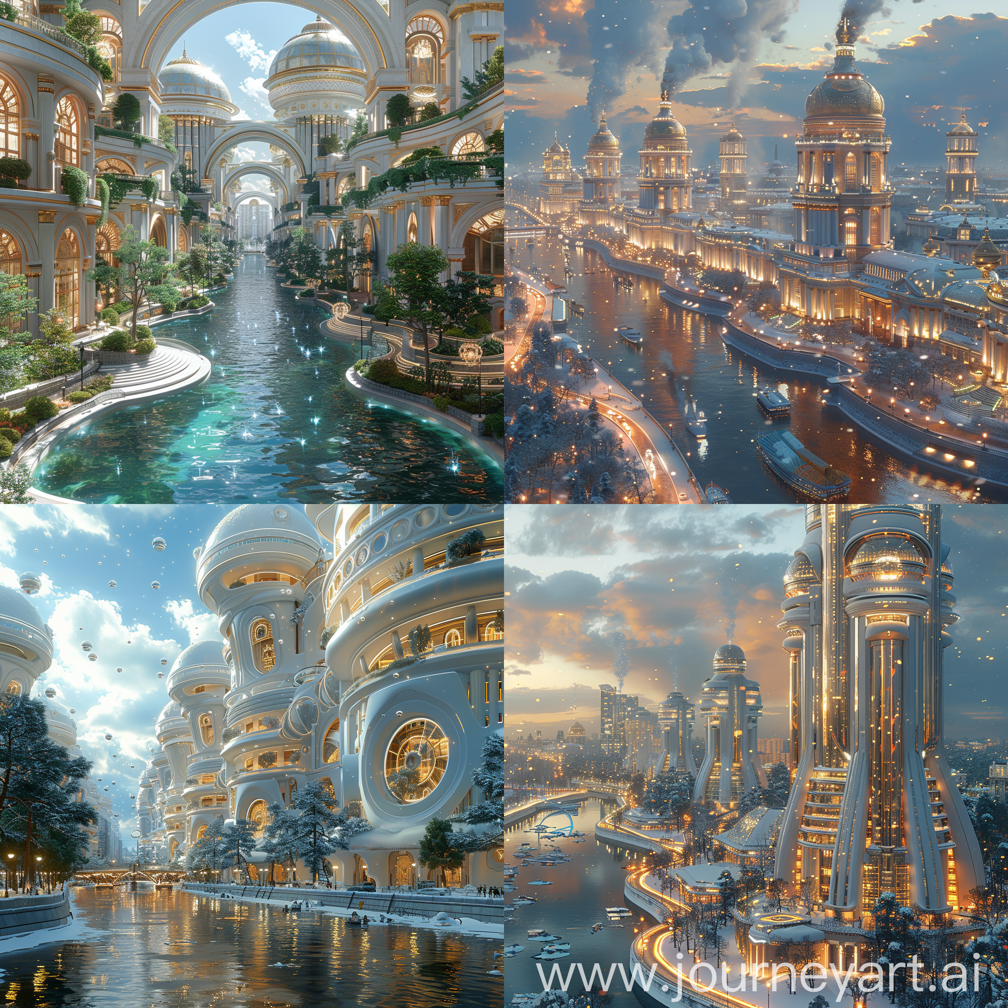 Ultramodern, futuristic Saint Petersburg, NevaSky, Revitalized Canals, The Winter Palace 2.0, Ecological Skyscrapers, High-Speed Rail Network, AI-Powered City Management, Immersive Entertainment, Personalized Healthcare, Underground City, Spaceport Neva, octane render --stylize 1000