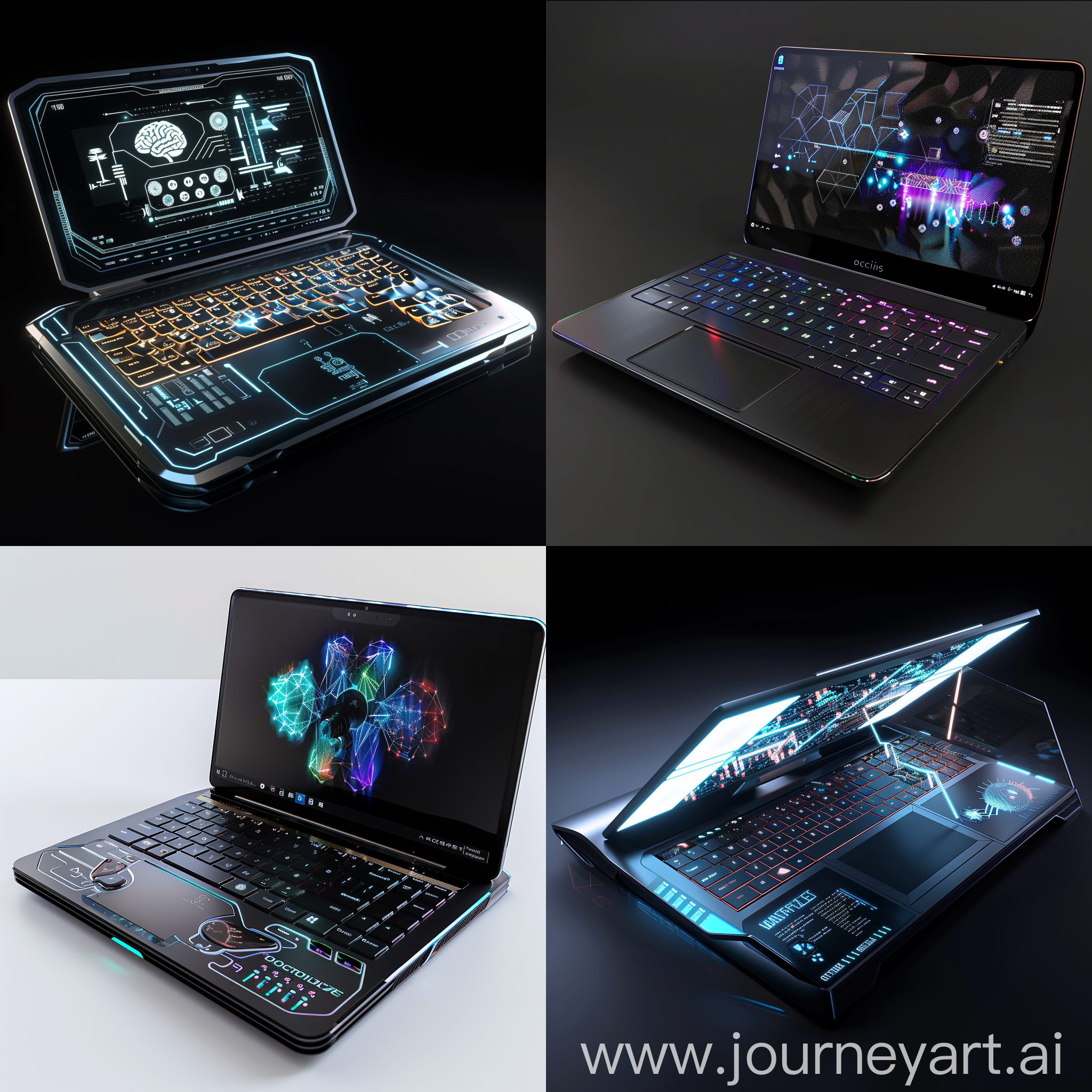 Ultramodern futuristic laptop, Morphing Display, Haptic Keyboard, Brain-Computer Interface (BCI) Integration, Augmented Reality (AR) Overlay, Self-Healing Materials, Ultra-Fast Wireless Charging, Holographic Projection, Advanced Security Features, Modular Design, AI-Powered Assistant, octane render--stylize 1000