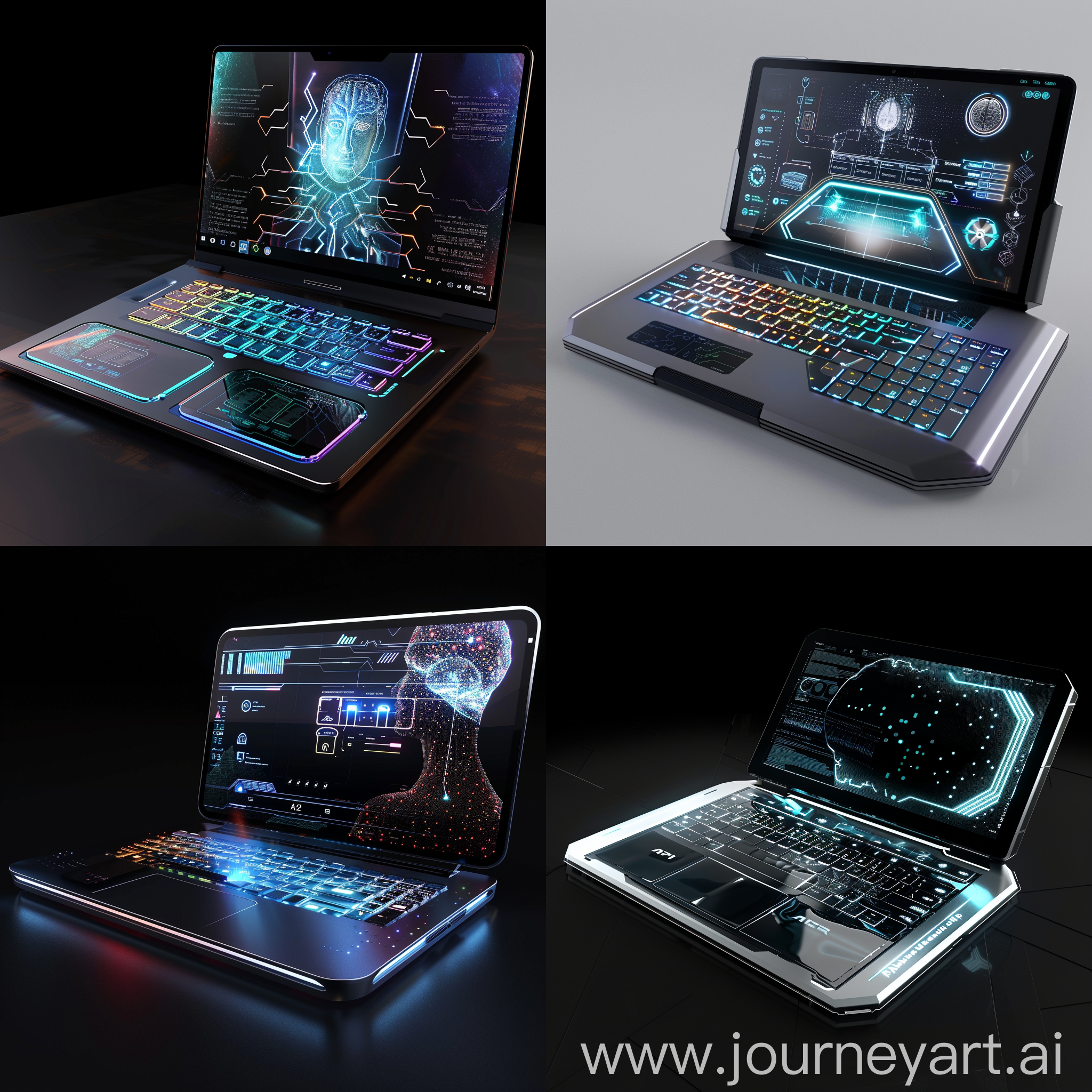 Ultramodern futuristic laptop, Morphing Display, Haptic Keyboard, Brain-Computer Interface (BCI) Integration, Augmented Reality (AR) Overlay, Self-Healing Materials, Ultra-Fast Wireless Charging, Holographic Projection, Advanced Security Features, Modular Design, AI-Powered Assistant, octane render--stylize