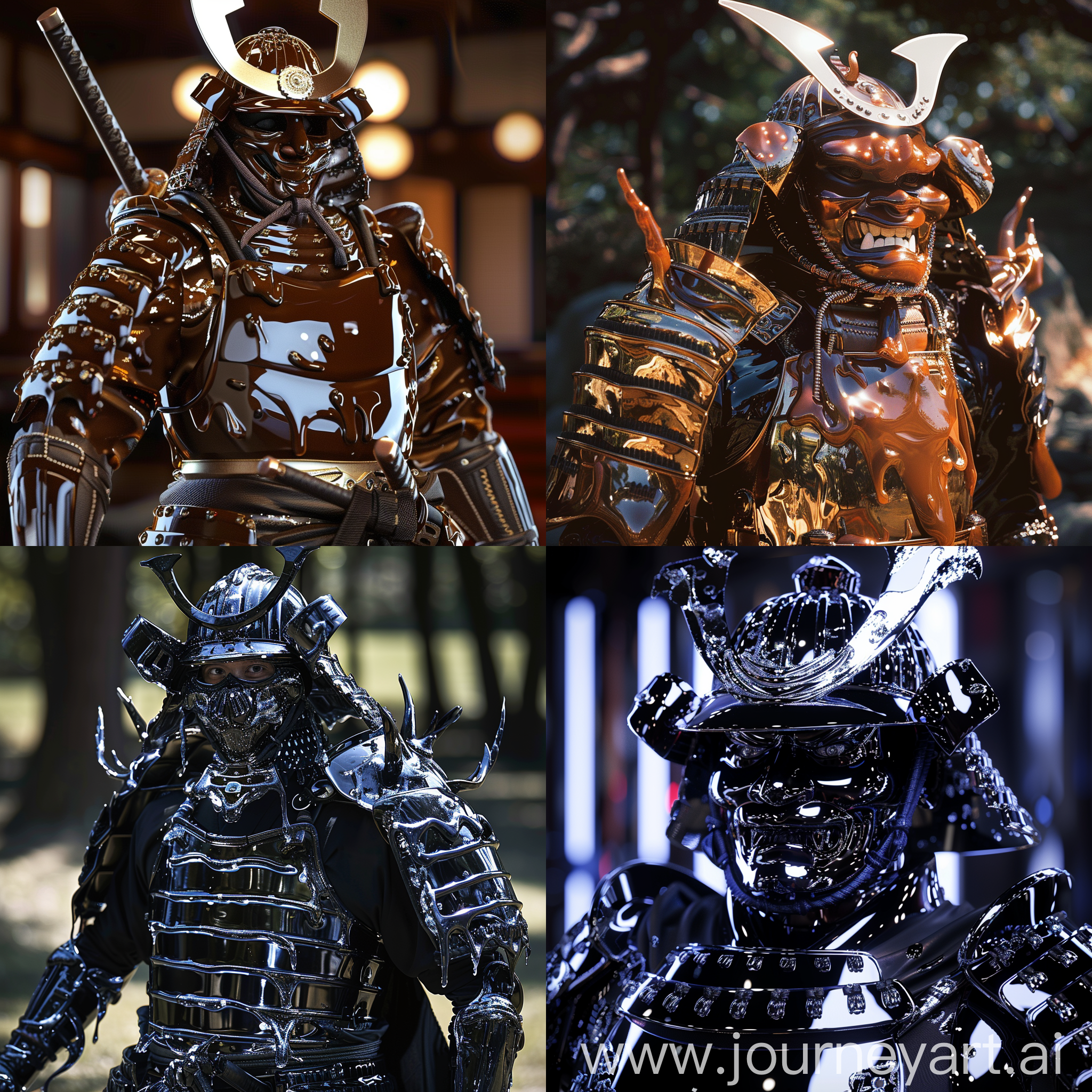 a cool samurai with niclodean slime glazed over his armor, looking shiny and fierce