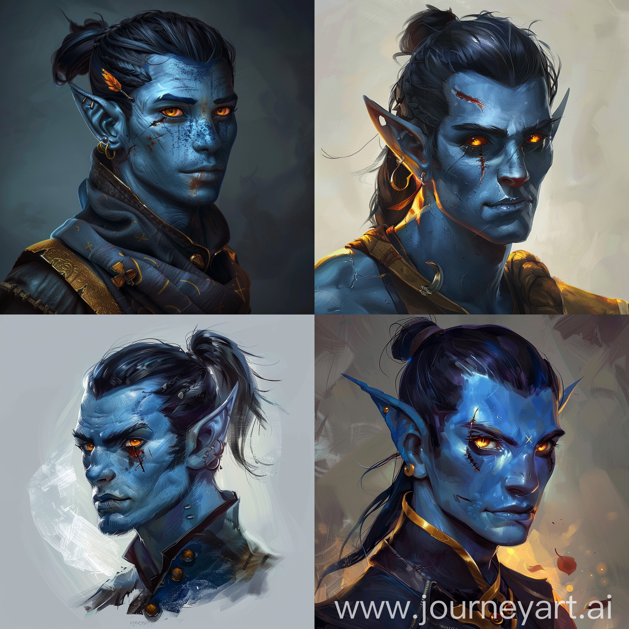 a fantasy tiefling rogue with blue skin, black hair with short ponytail and amber eyes. He has a slashing scar on the left eye