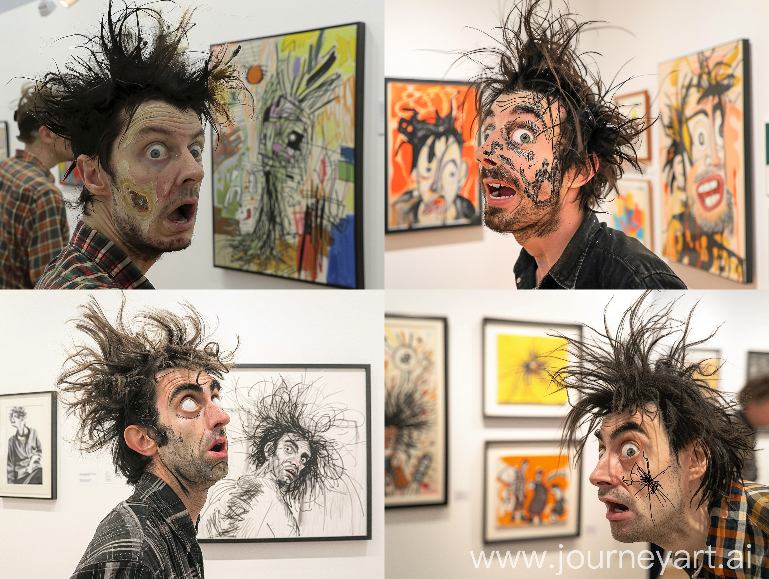 a man at an exhibition of contemporary art paintings, a man drawn in the style of Quentin Blake, with messy hair and a silly face --ar 4:3 --iw 2