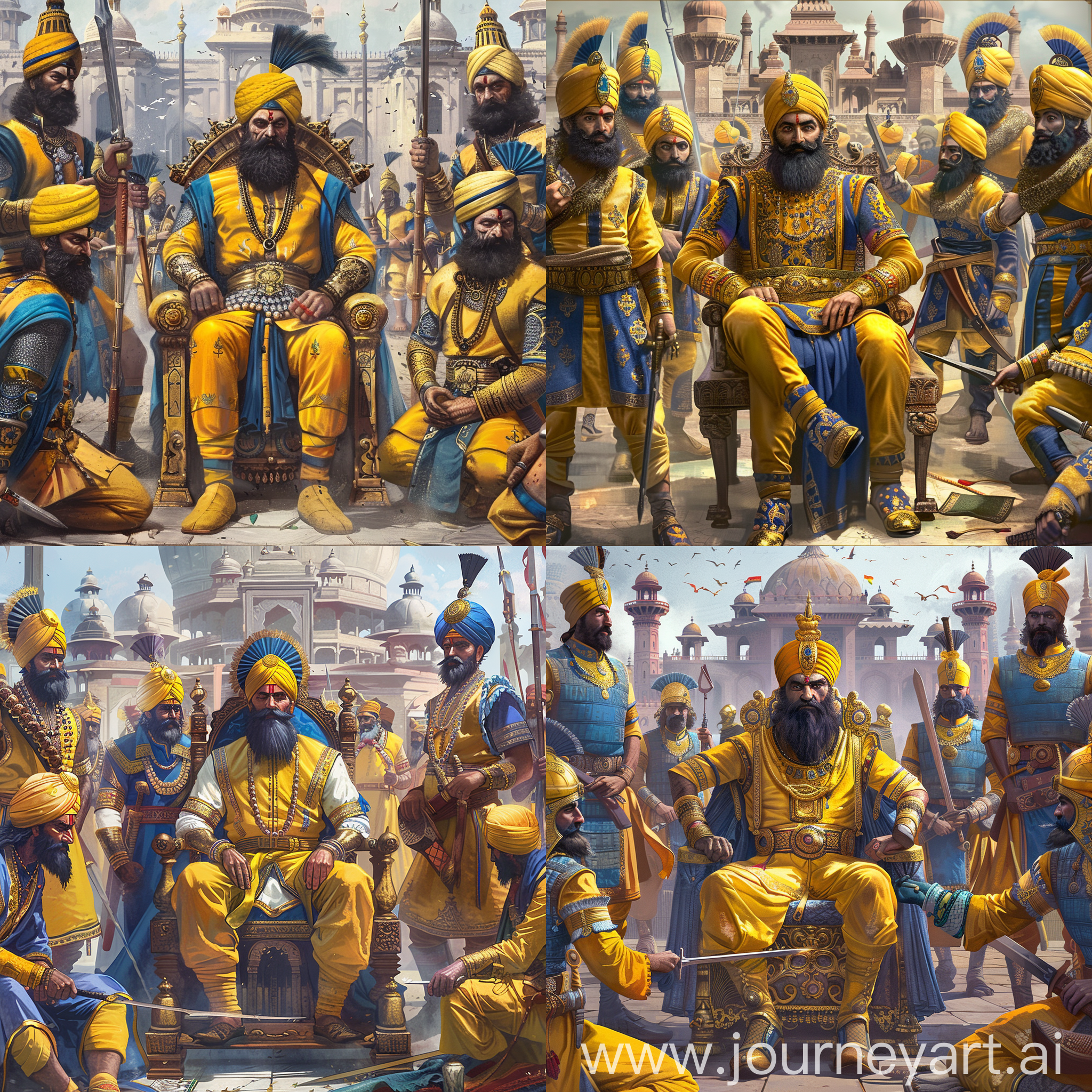 a middle-aged Indian emperor Mughal Babur is sitting on his imperial throne in the middle, he has black Indian style beard, yellow-blue ancient hat and costume, with shoes,

other Indian Mughal warriors are in yellow and blue color armor, they hold swords or spears in hands, they have Indian Mughal hat and black beard, they stand around the emperor, with shoes,

they are all before an medieval Indian palace like Mughal Harem, other ancient medieval Indian temples as background,
