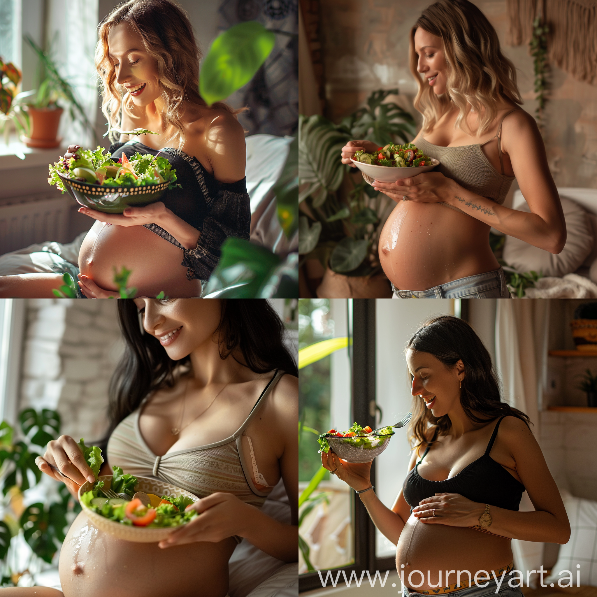 a pregnant woman in crop top eating a salad