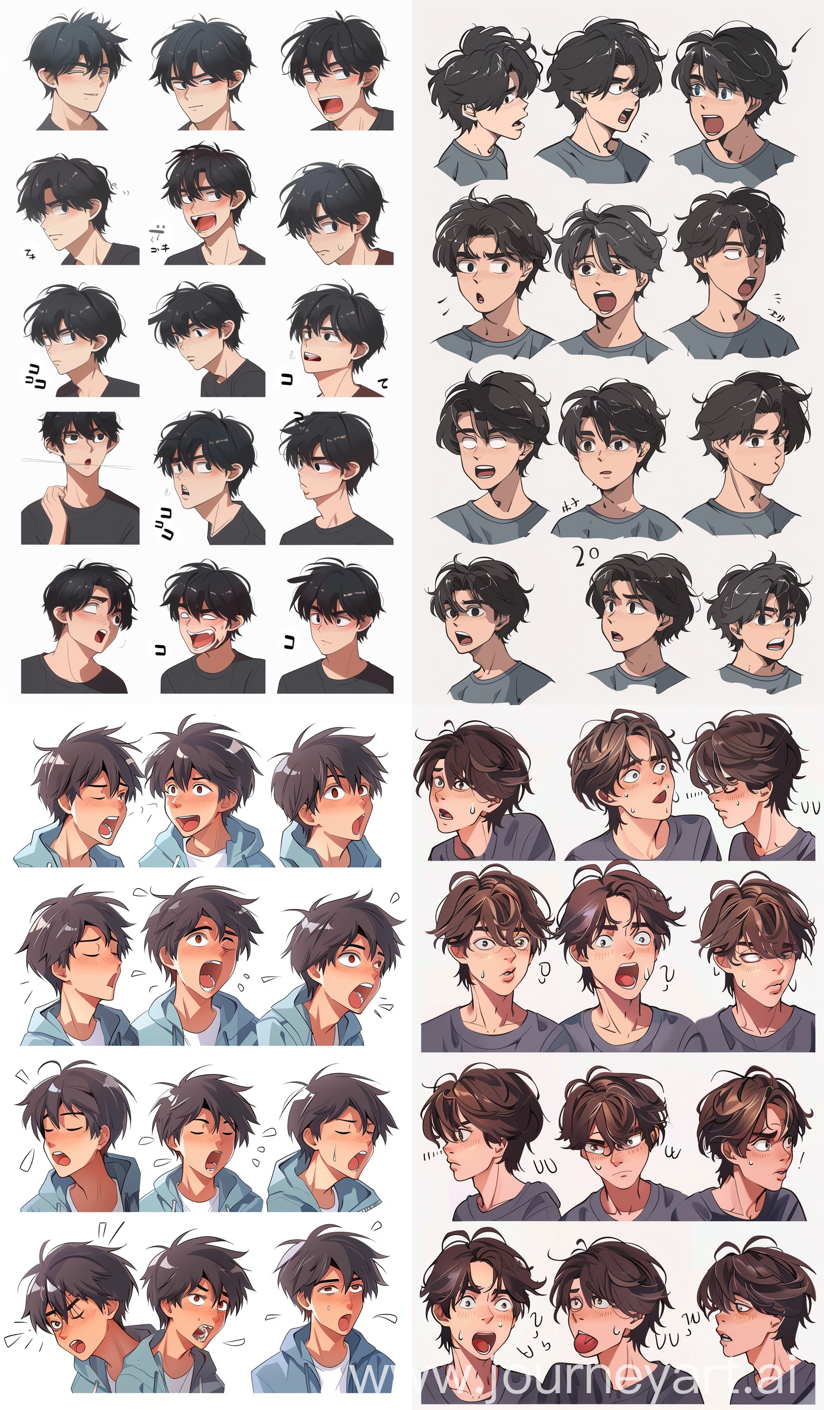 anime style,a boy character images various expressions,20 different pose,lip movement,a set of images,no hyper realistic --ar 10:17 