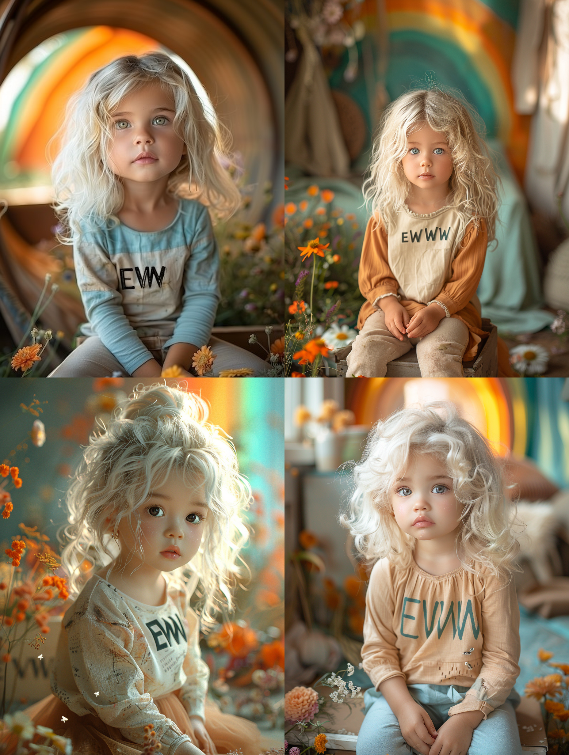 beautiful little girl, white hair, a shirt with the insription "EWW", beautiful shiny eyes,  sits on a box, a rainbox in the background, flowers on the ground,  ultra realtistic, sharp focus, beautiful light, orange and teal, --stylize 700 --style raw --v 6