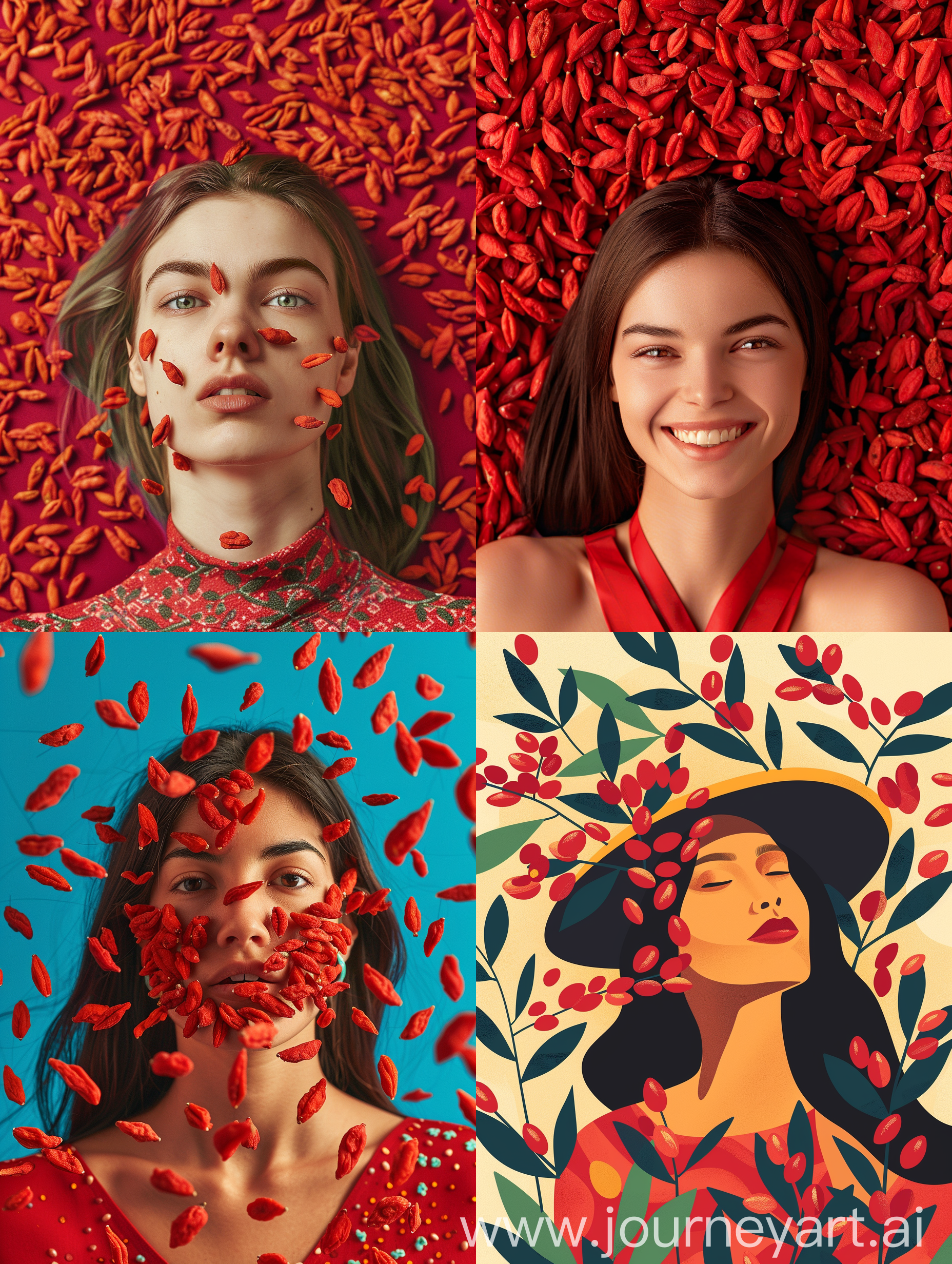 blog banner of an anti-ageing superfood, goji berries. retro & psychedelic theme. Include a woman in the image