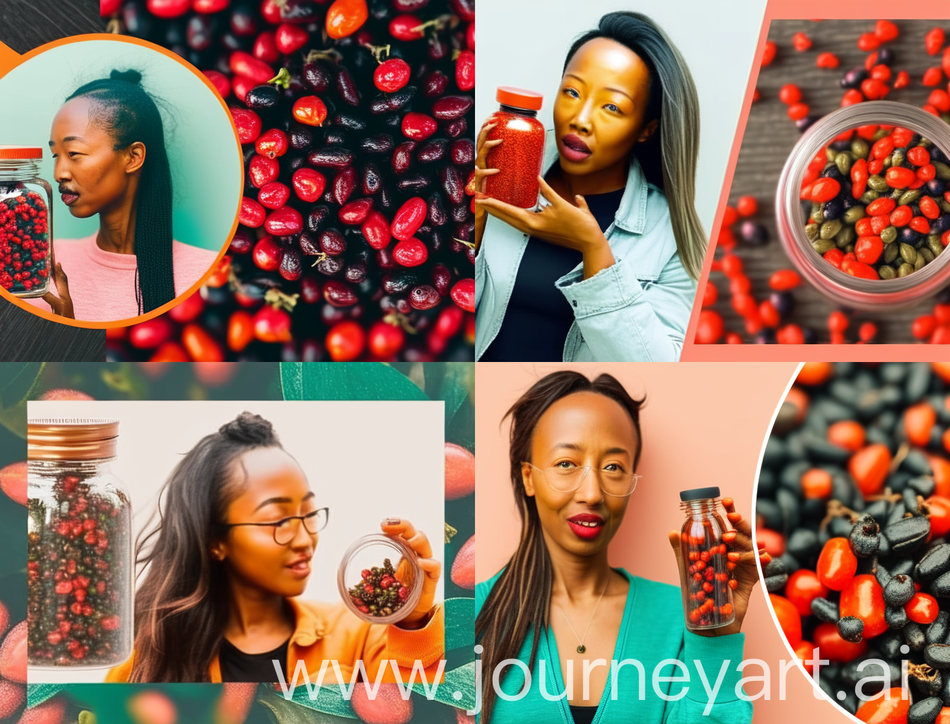 blog banner of an anti-ageing superfood, goji berries. a black woman holding a transparent glass bottle towards the camera, containing goji berries, her face is slightly blurred, retro & neon punk theme & colours to be used. NO words or text