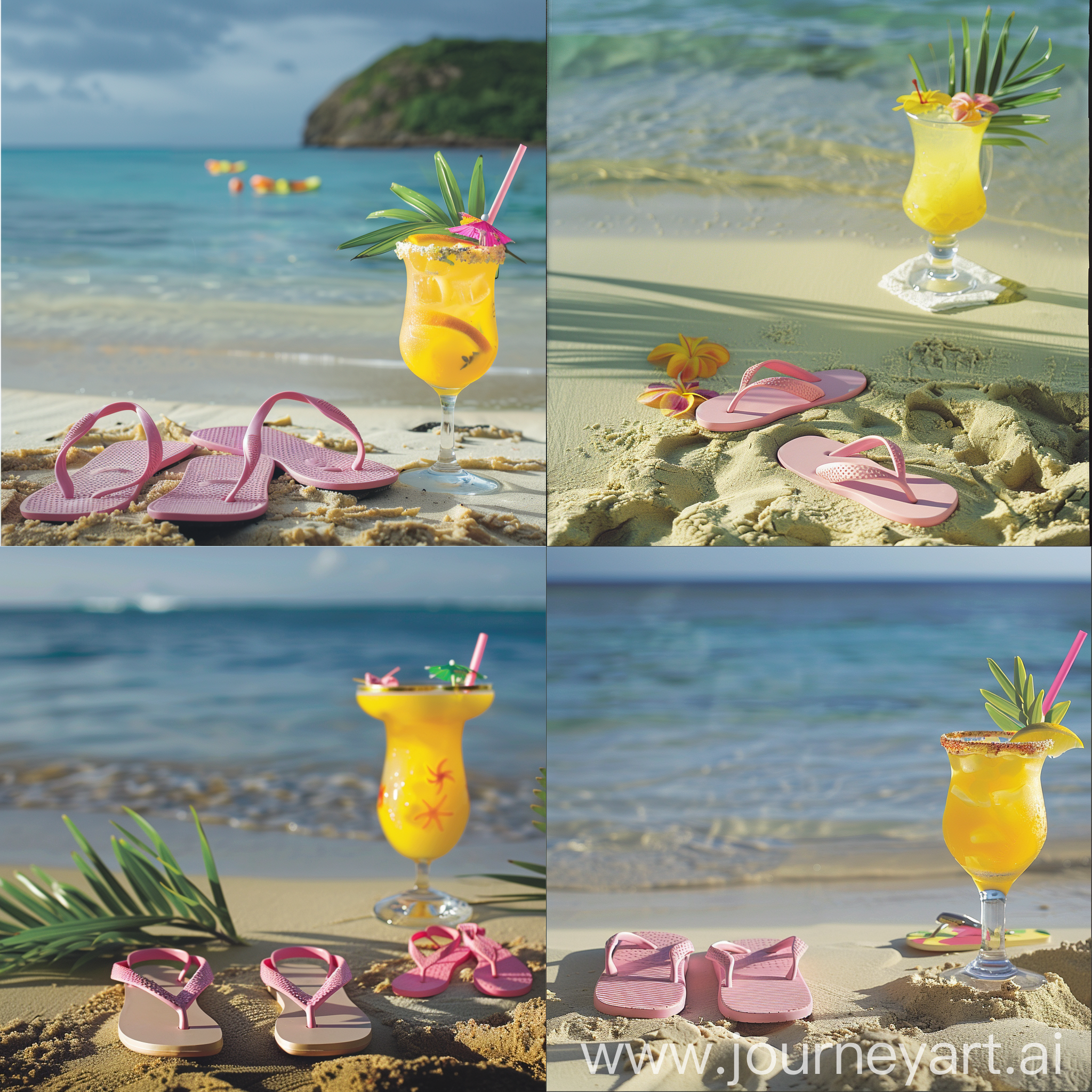 creame la imagen deuna playa del caribe y en la arena unas chanclas color rosa junto a un coctel tropical color amarillo
