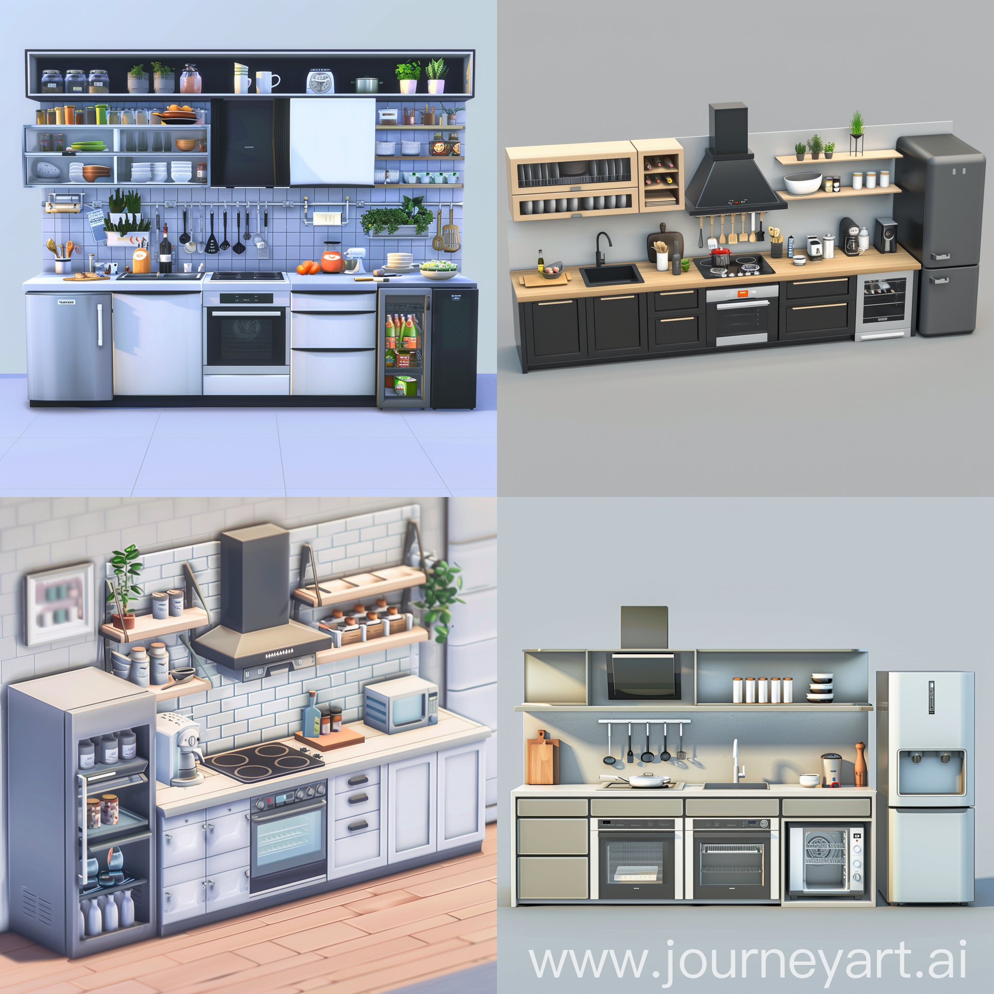 create a picture of a kitchen set. 180cm wide.  It has a countertop, oven, hob, frigobar and storage. It should be minimalist, functional and aesthetically pleasing