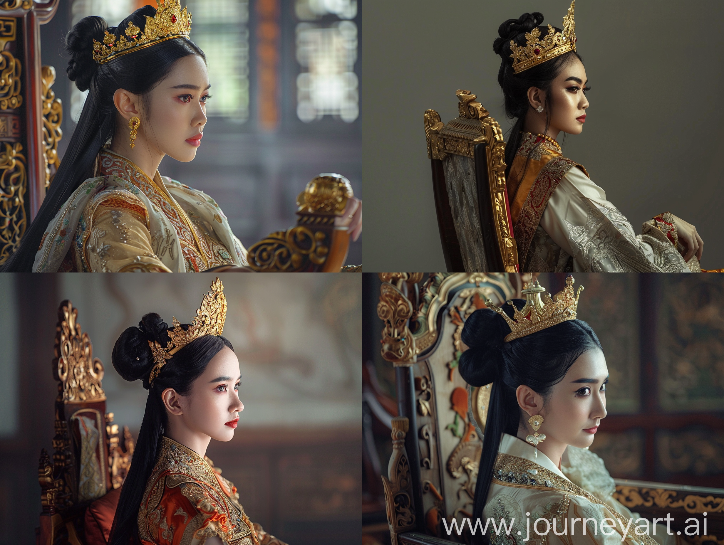 create a realistic picture of a beautiful Indonesian woman, with a gold crown on her head, wearing traditional Majapahit Mahabhusana Wilwatiktapura clothing, long black hair tied in a bun, sitting on a royal chair, movie style, side view