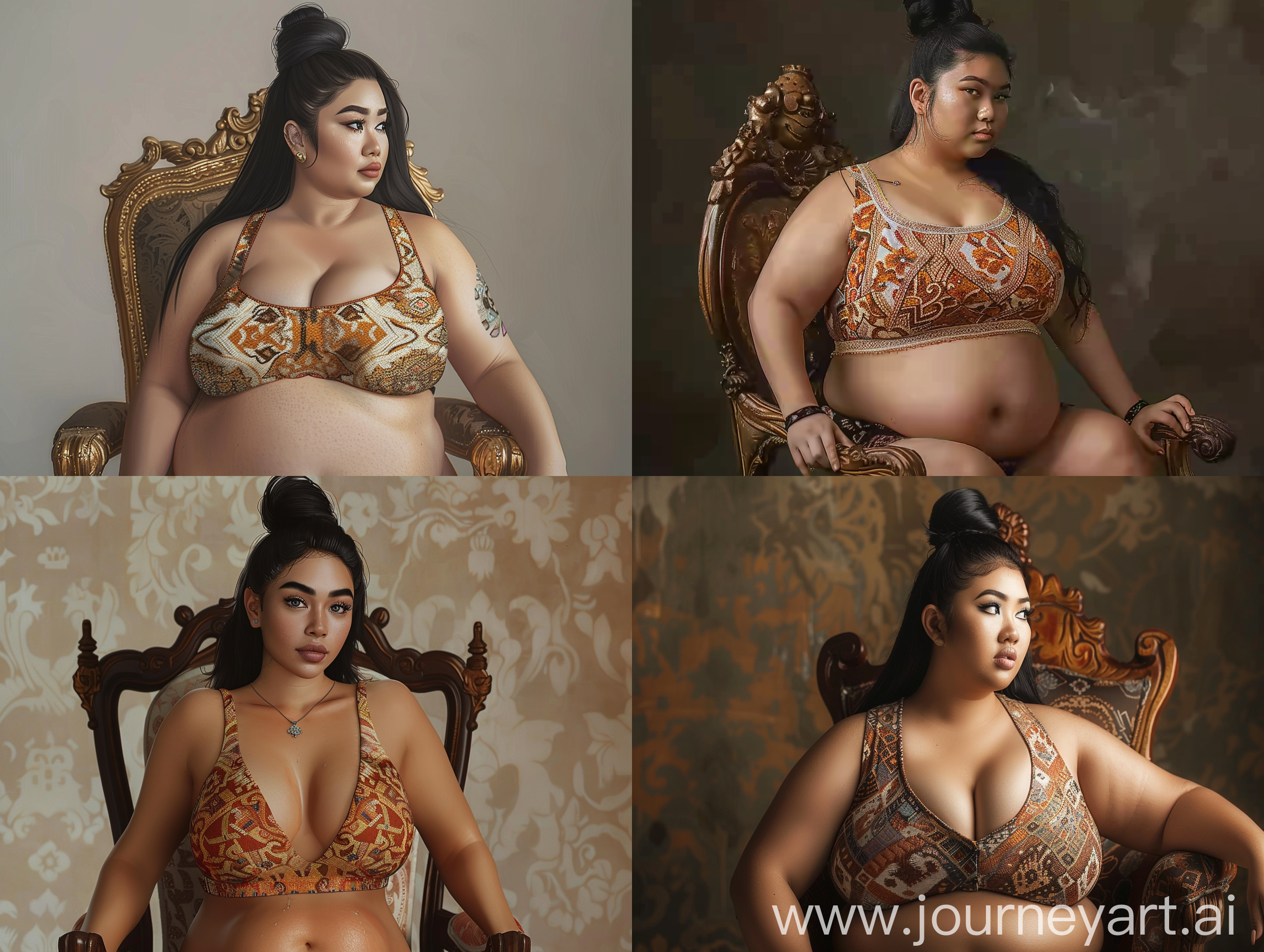 creates a realistic picture of a beautiful Indonesian woman, with a petite, fat body wearing a half-breasted royal style batik patterned tank top, long black hair tied in a bun, sitting on a royal chair