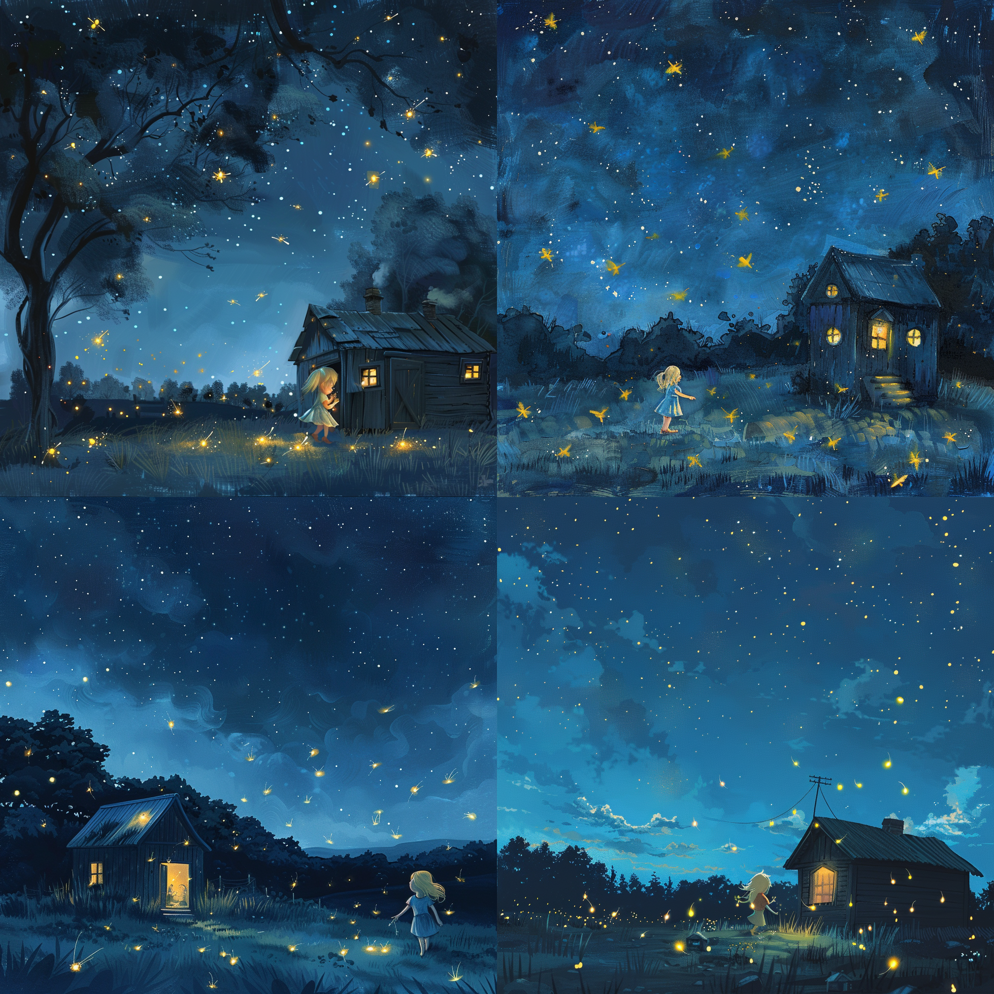 dark at night,
soft blue calming sky,
stars in the sky. 
small house 
female child,
blond hair,
fireflies dancing