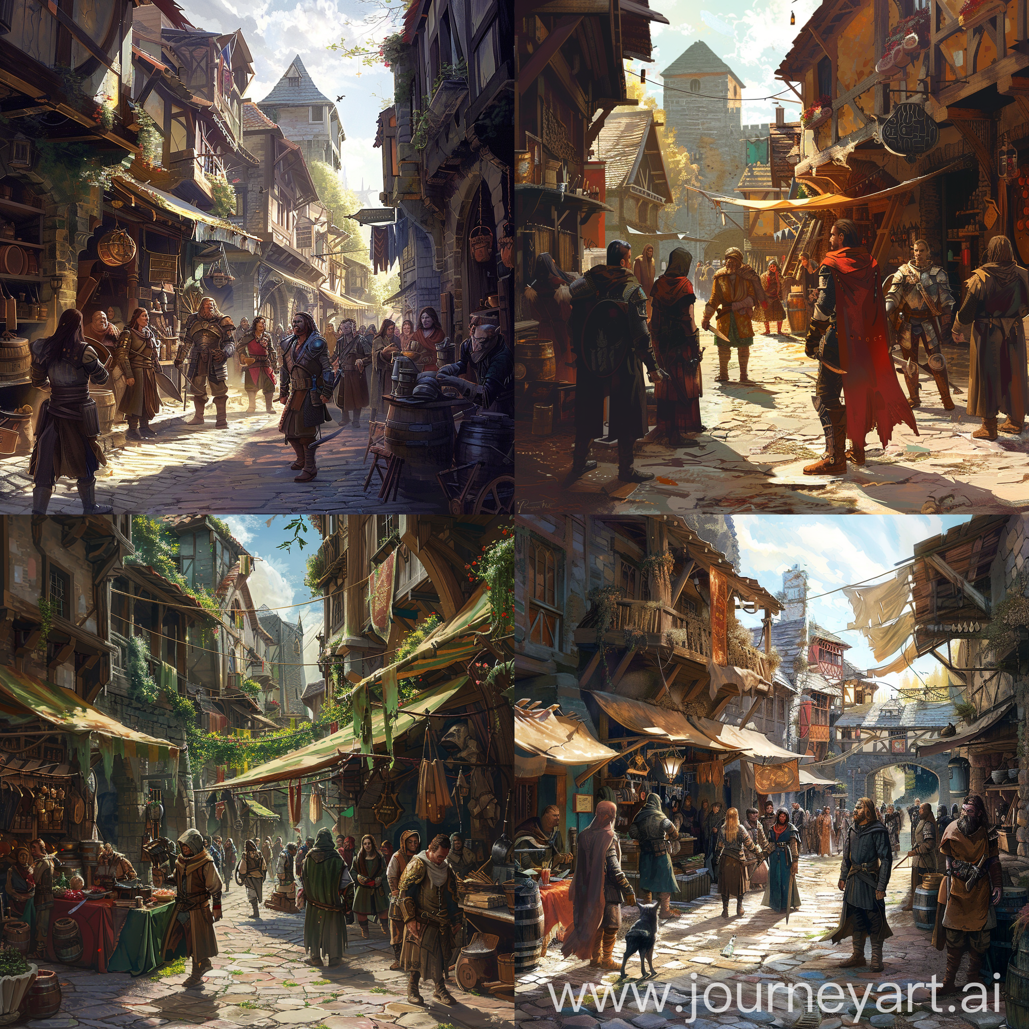 dnd dark fantasy theme,street of a town there are people and merchants,few guardians,workshop and stores.Path of the street is going to up.Sunny background.