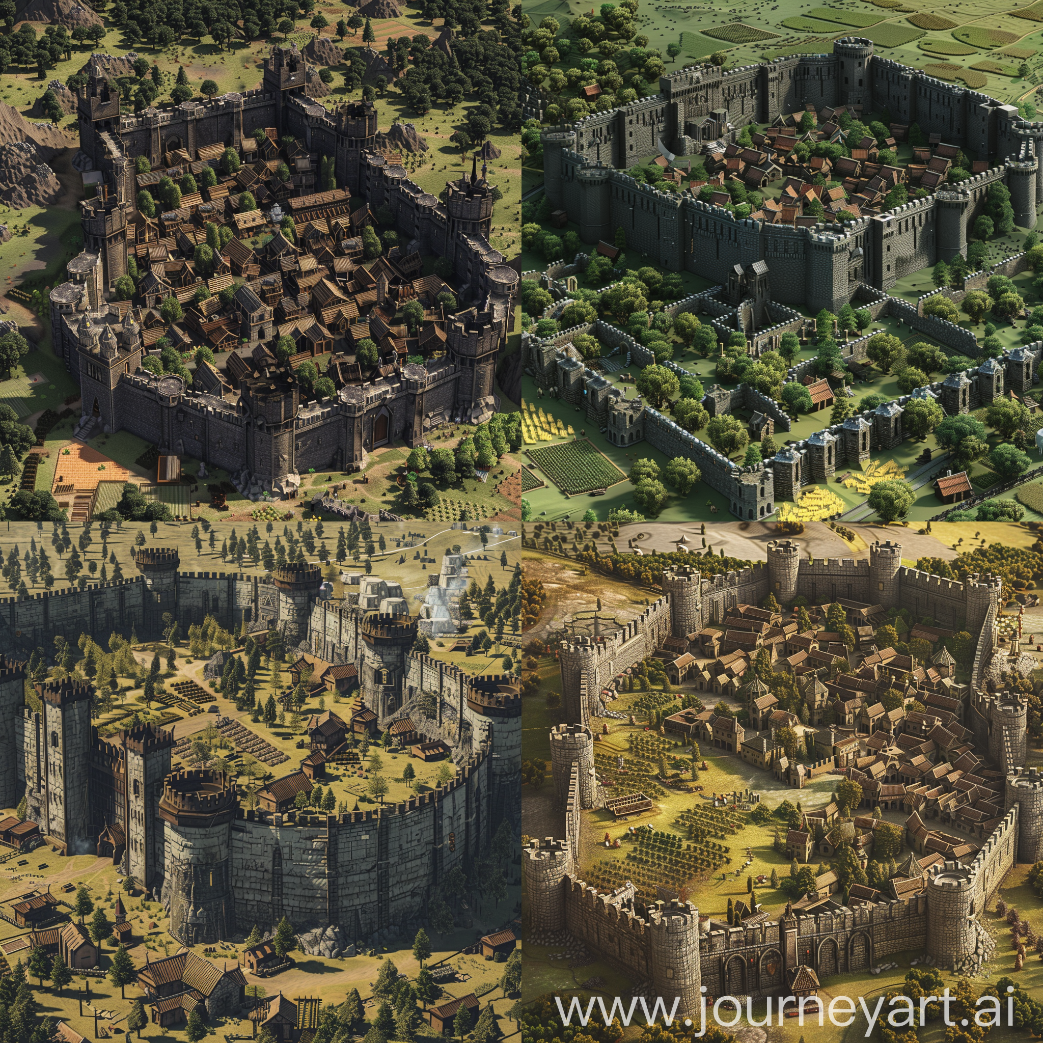 dnd,dark fantasy theme,a very big medieval city with walls.Around walls there are some farms and trees.