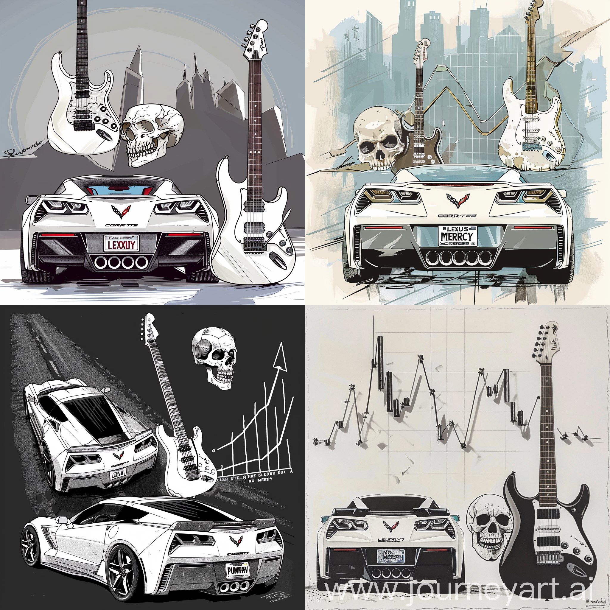 draw a car corvette c7 in white color, view of the car from behind, license plates on the car the inscription "LEXUS MERCY" next to the car draw an electric guitar in the shape of "explorer". next to the guitar a white skull "no mercy" from the series "punisher". in the background draw a graph of bitcoin that goes upwards