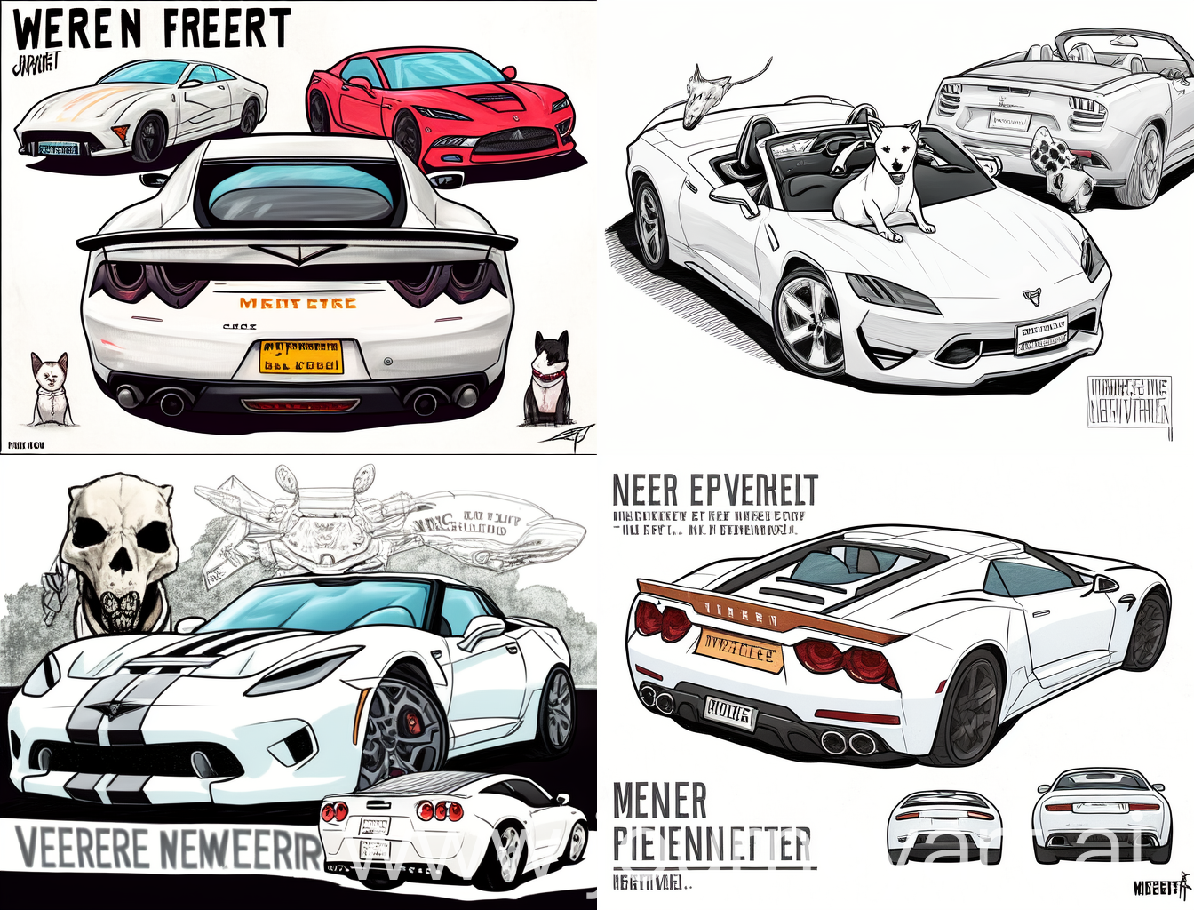 draw a car corvette c7 in white with an american pit bull terrier dog in it, view of the car from behind on the top right, licence plates on the car with the inscription "MERCY" next to it draw an electric guitar in the shape of "explorer" with next to it a white skull "no mercy" from the series "punisher". in the background draw a city in black colours, and a bitcoin chart that goes upwards. at the very top the inscription "american capitalist".

Translated with DeepL.com (free version)