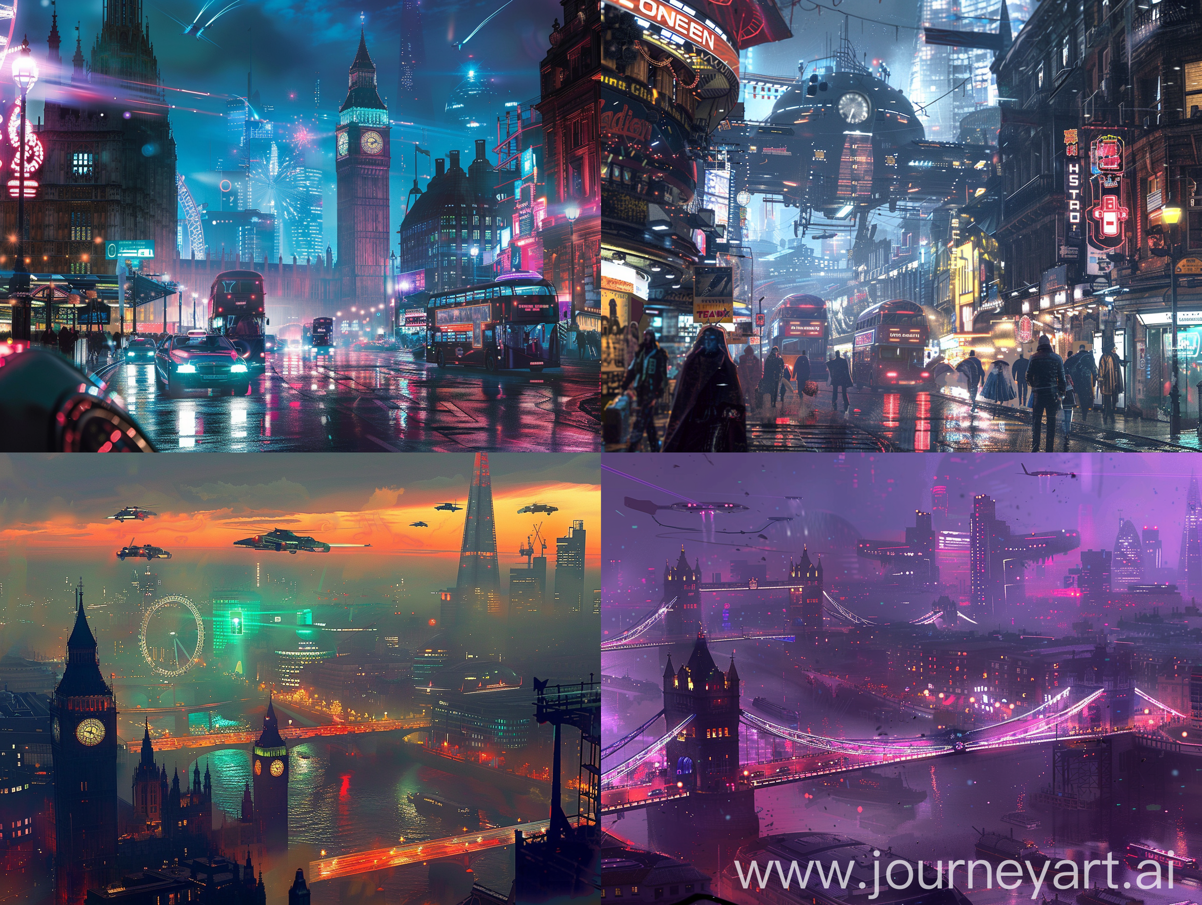 futuristic london in the style of cyberpunk and blade runner