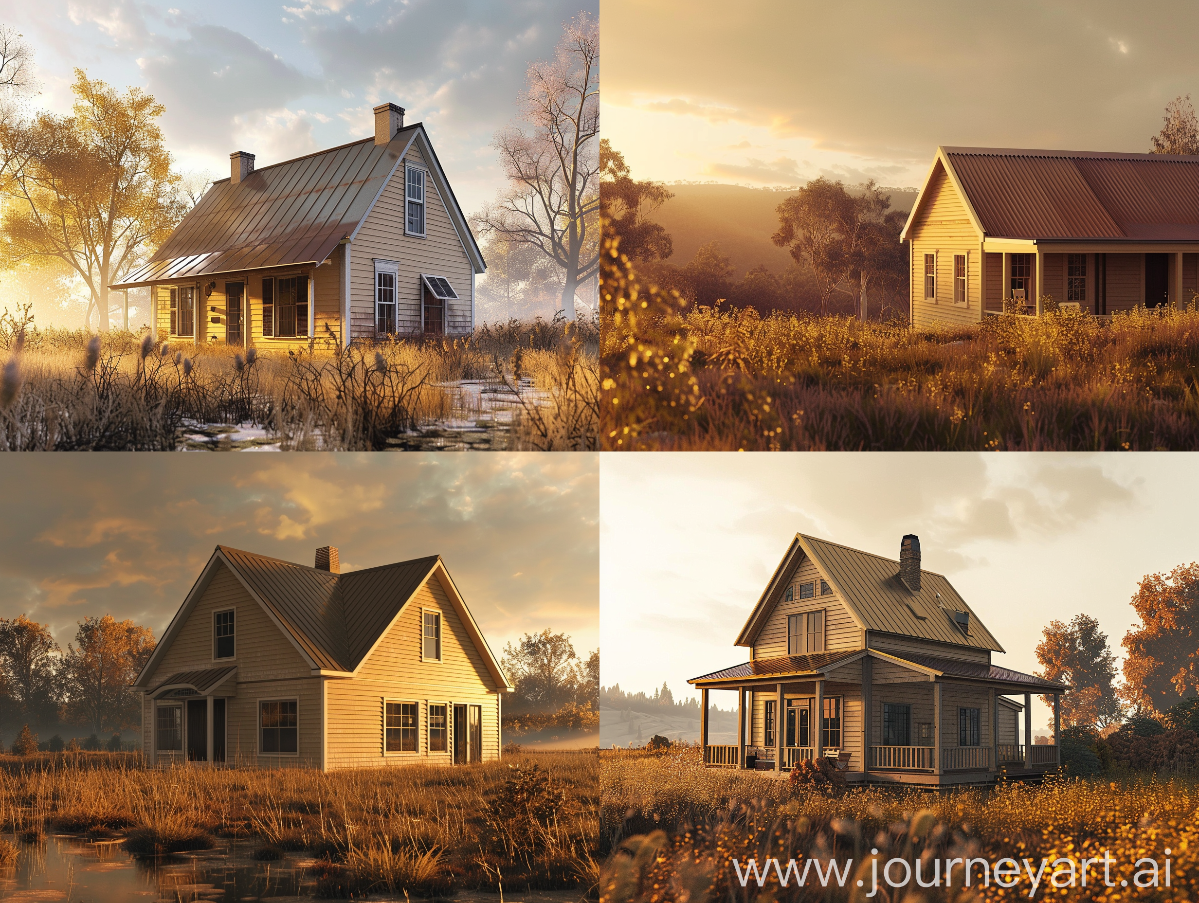 generate a photorealistic render of a colonial style house located in a bushfeld scene. The house must be single story with a pitched standing seam roof. IT must be taken on an overcast day during the golden hour. Use gold and brown tones in the image
