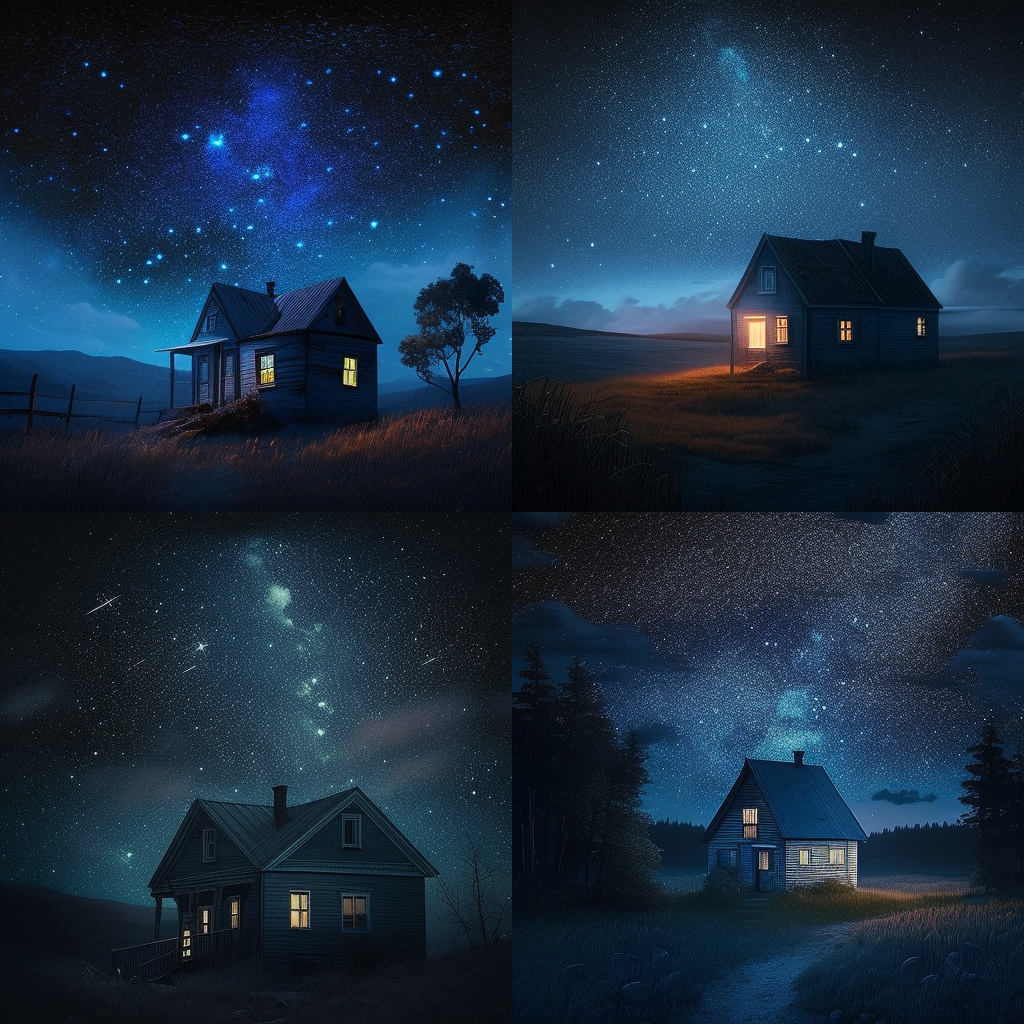 it is night time and the sky is blue with small stars twinkling in the sky. Far in the background you can see a small house with the lights on.