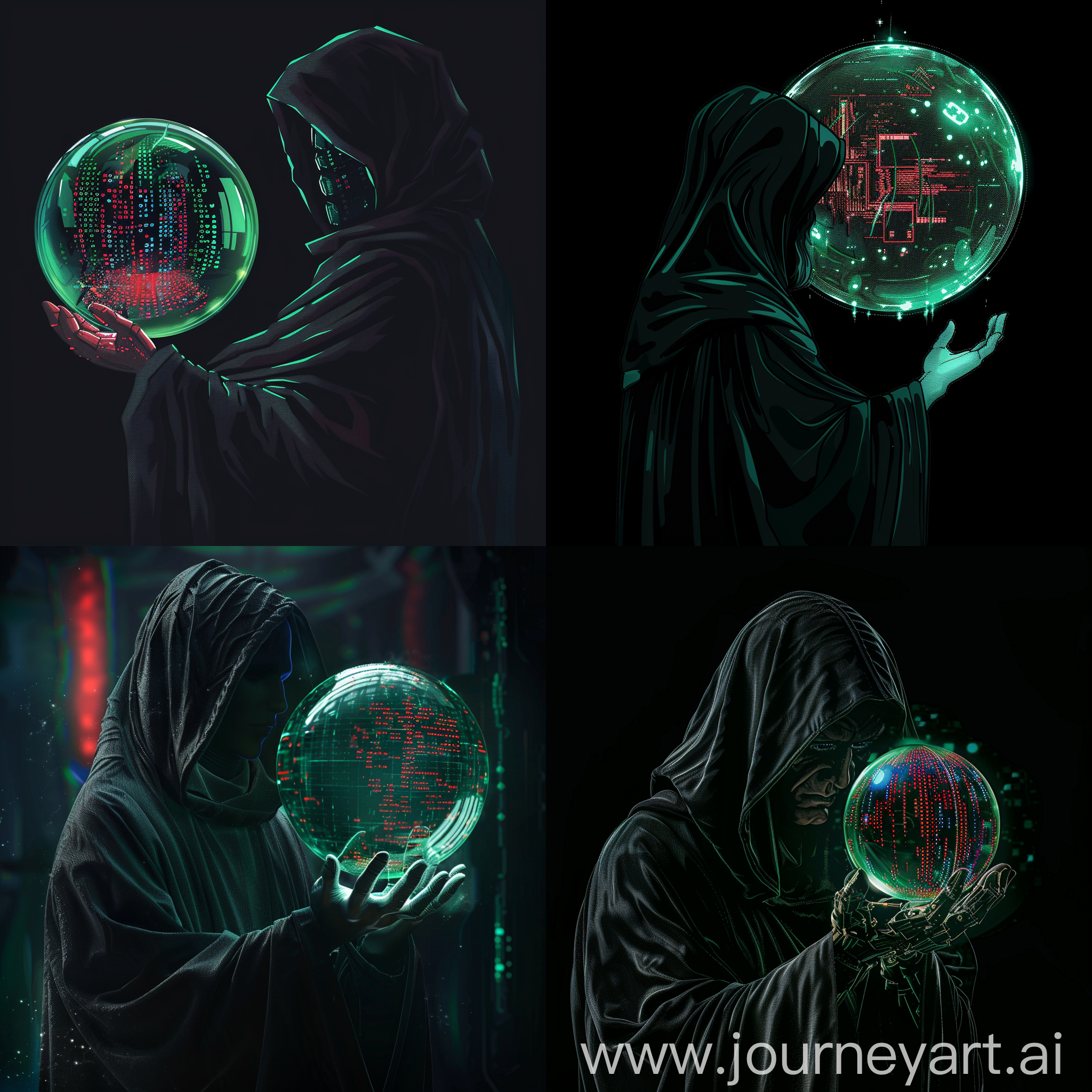 logo. faceless wizard in black robe scrying translucent green orb with red and blue cyber data inside.
