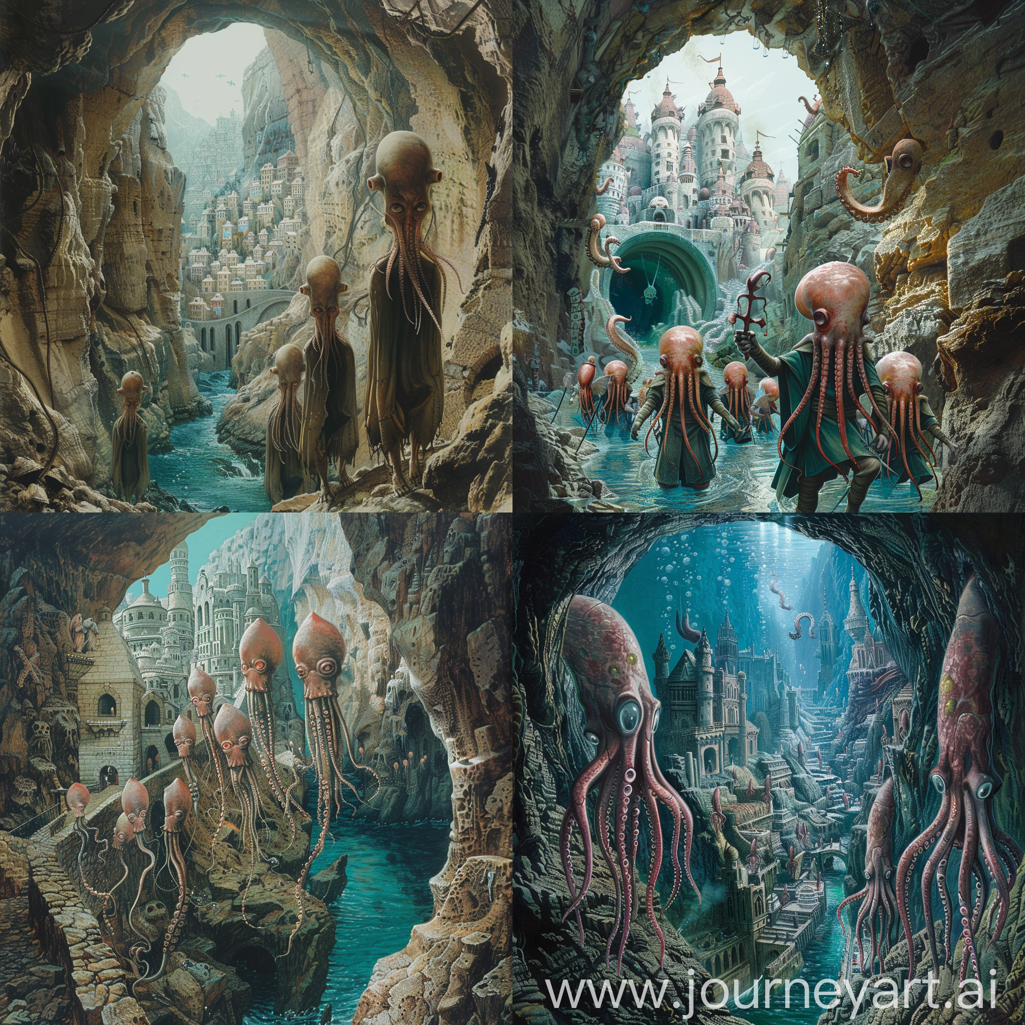 medieval bathyscaphe at the exit of a rock tunnel, underwater city of humanoid creatures with squid heads, ocean depths, city panorama, fantasy